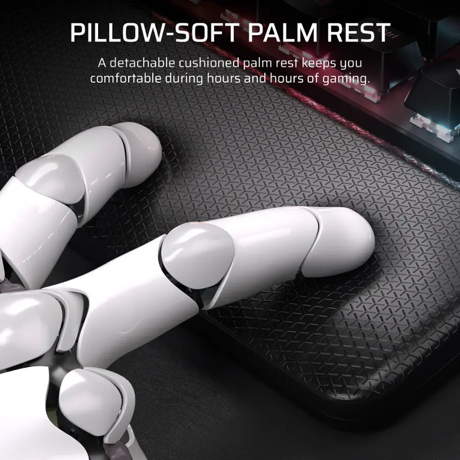 Pillow-Soft Palm Rest is a detachable cushioned palm rest that keeps you comfortable during hours and hours of gaming.