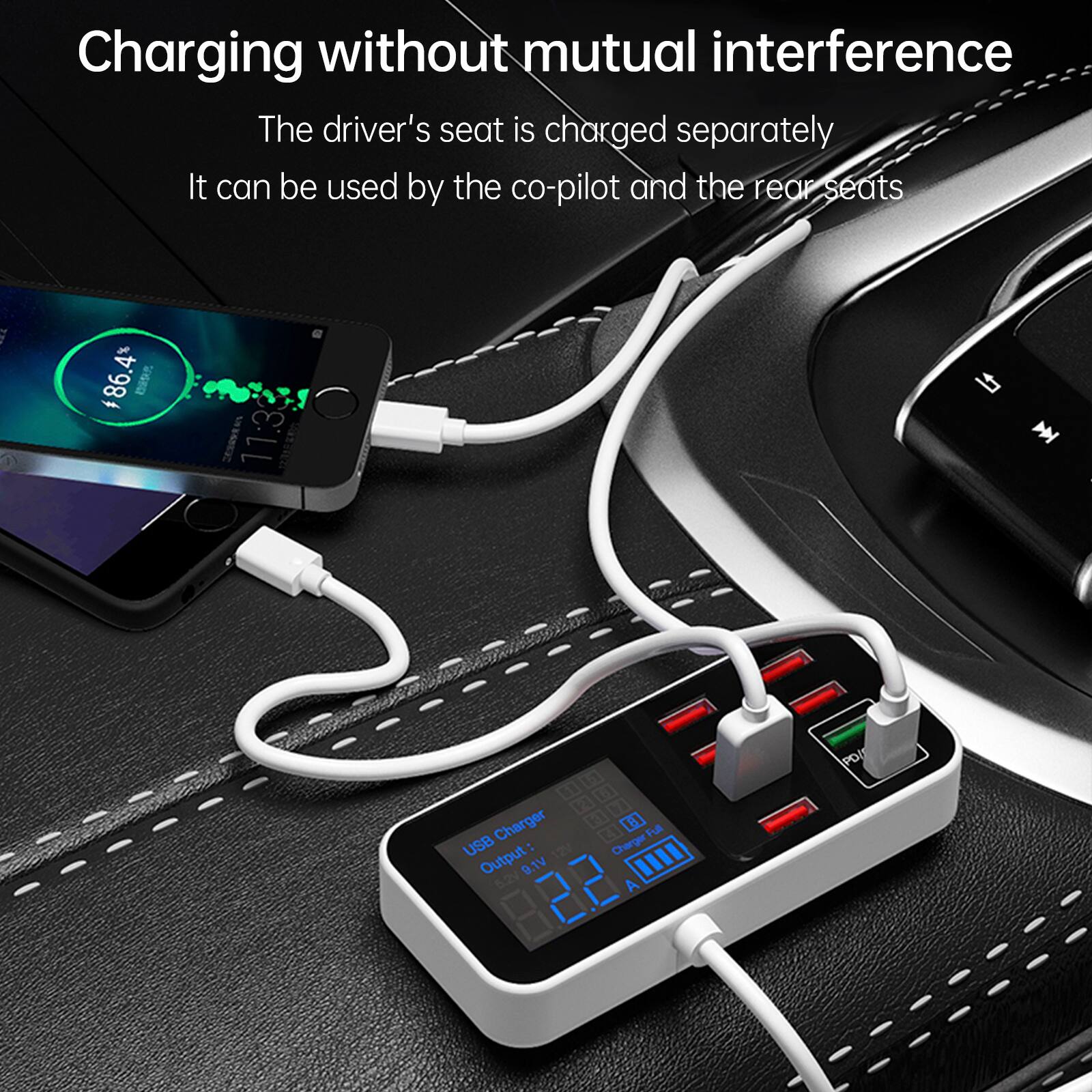 Charging without mutual interference  
The driver's seat is charged separately  
It can be used by the co-pilot and the rear seats  

USB Charger  
Output: 12V  
5.2V 9.1V  

86.4%  
11:3  

2.2 A