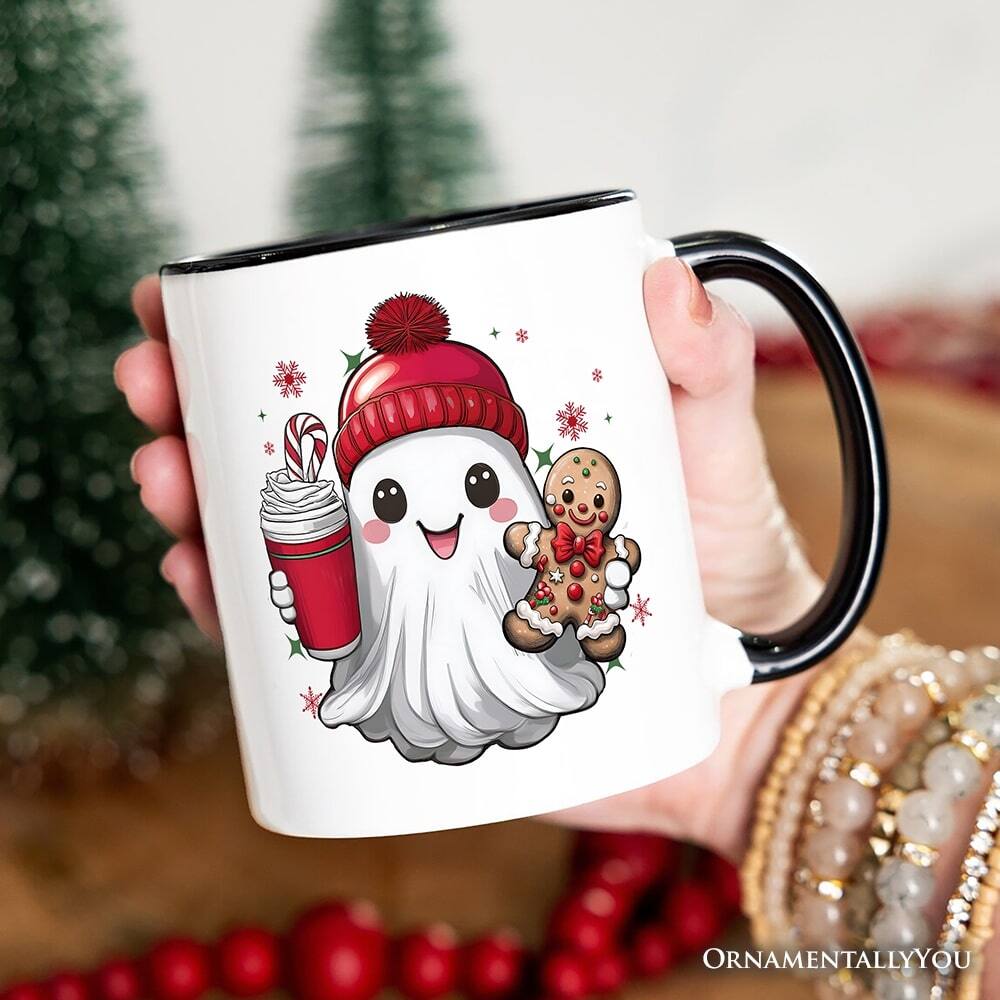Left. OrnamentallyYou - Cute Ghost Christmas Mug, Adorable Gingerbread and Cocoa Holiday Gift - White.