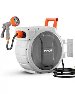 VEVOR - Retractable Garden Hose Reel,5/8 Inch x 100 ft Wall Mounted Hose Reel,Heavy Duty Garden Hose Reel with 9 Patterns Nozzle - Gray