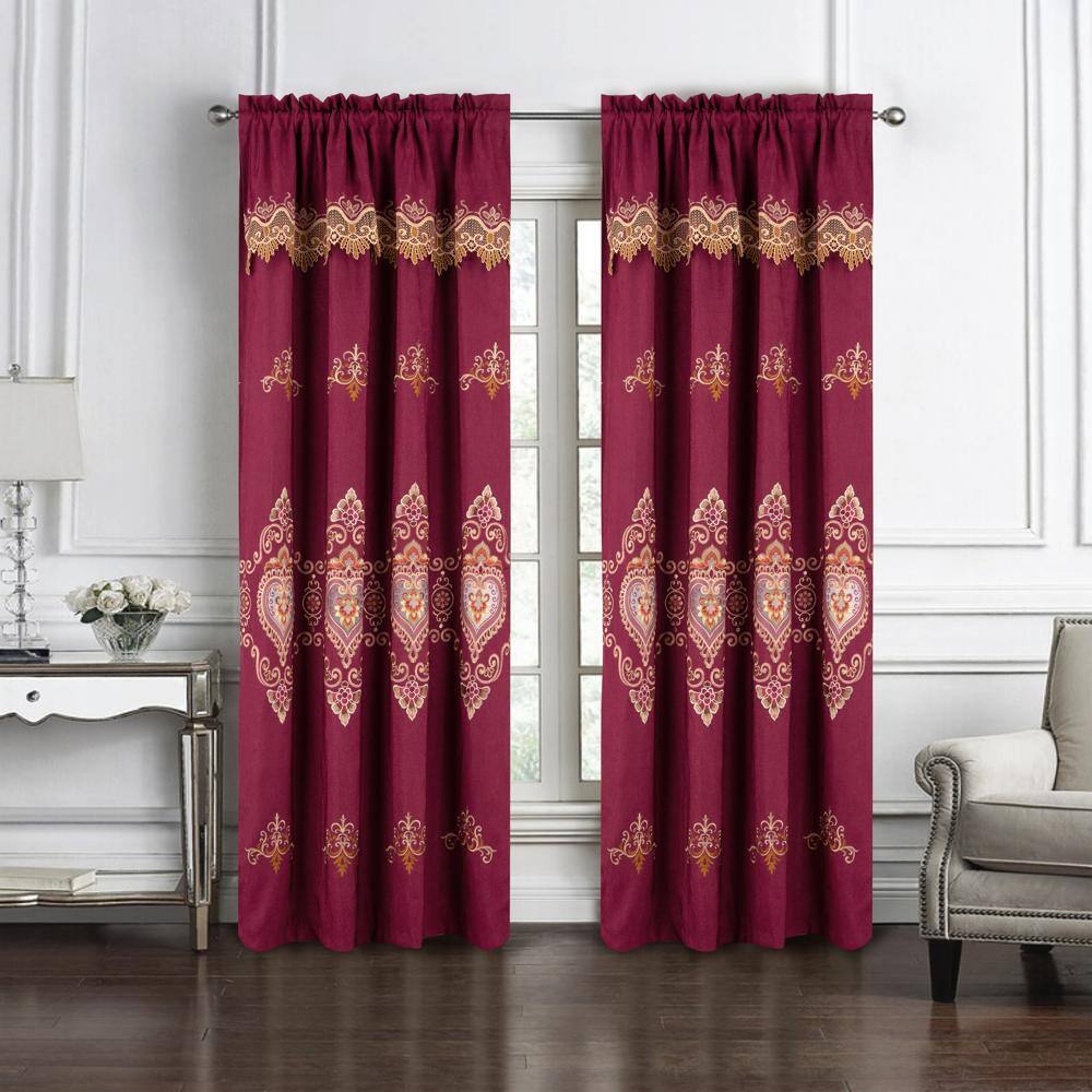 Angle. RT Designers Collection - RT Designers Collection Bonnie Macrame Rod Pocket Room Darkening Curtain Panels for Living Room 52" x 84" Burg - Burgundy.