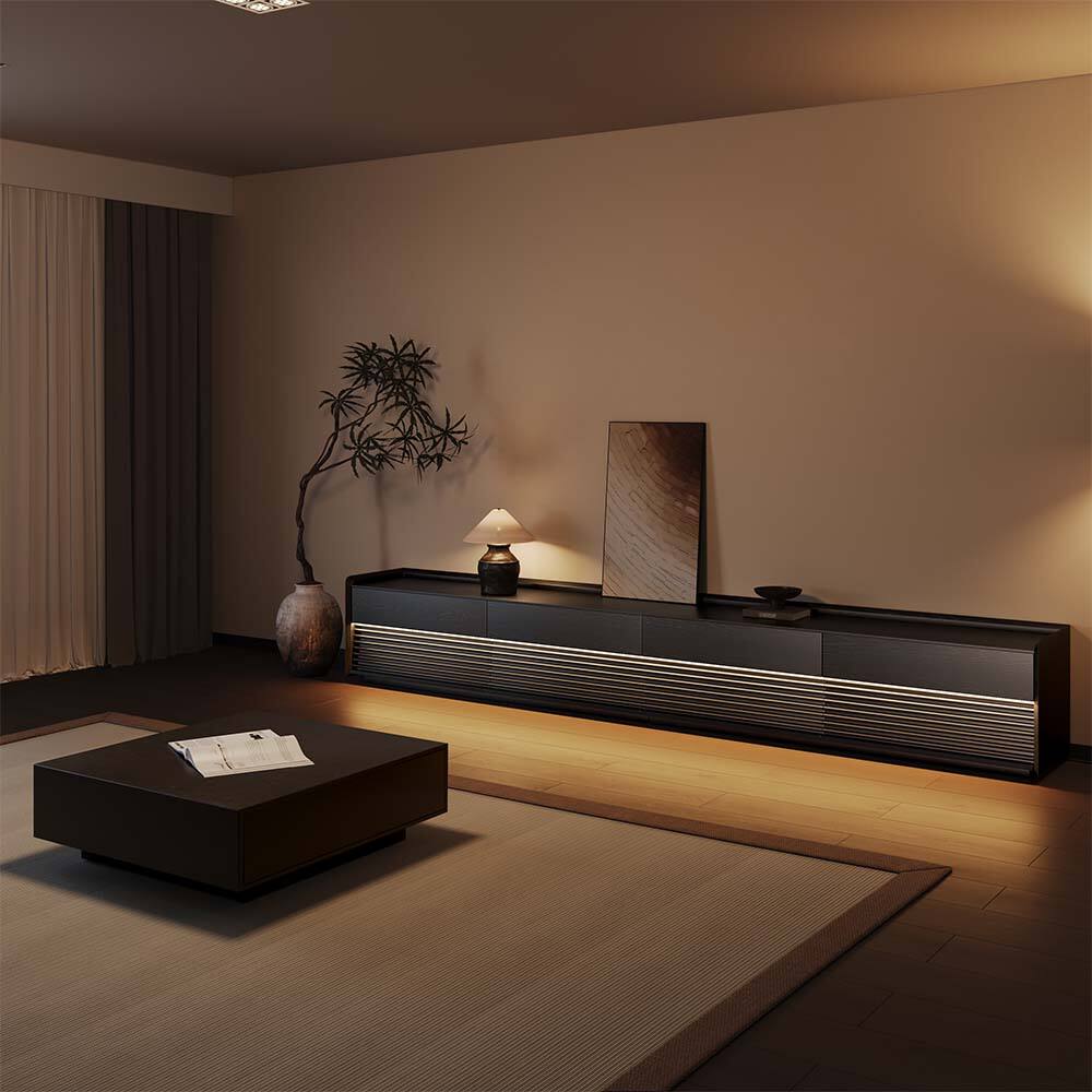 Left. POVISON - 118"Fully-Assembled Mid-Century TV Stand, Black Modern Cabinet with Adjustable Light, Perfect for 95-inch TVs - Black.