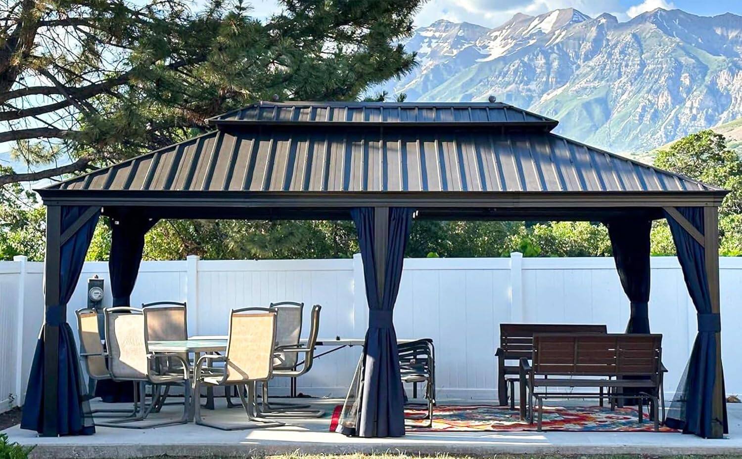 Back. PURPLE LEAF - 12 X 20 FT Outdoor Hardtop Gazebo for Patio Bronze Aluminum Frame Pavilion with Navy-Blue Curtain - 12' X 20'.