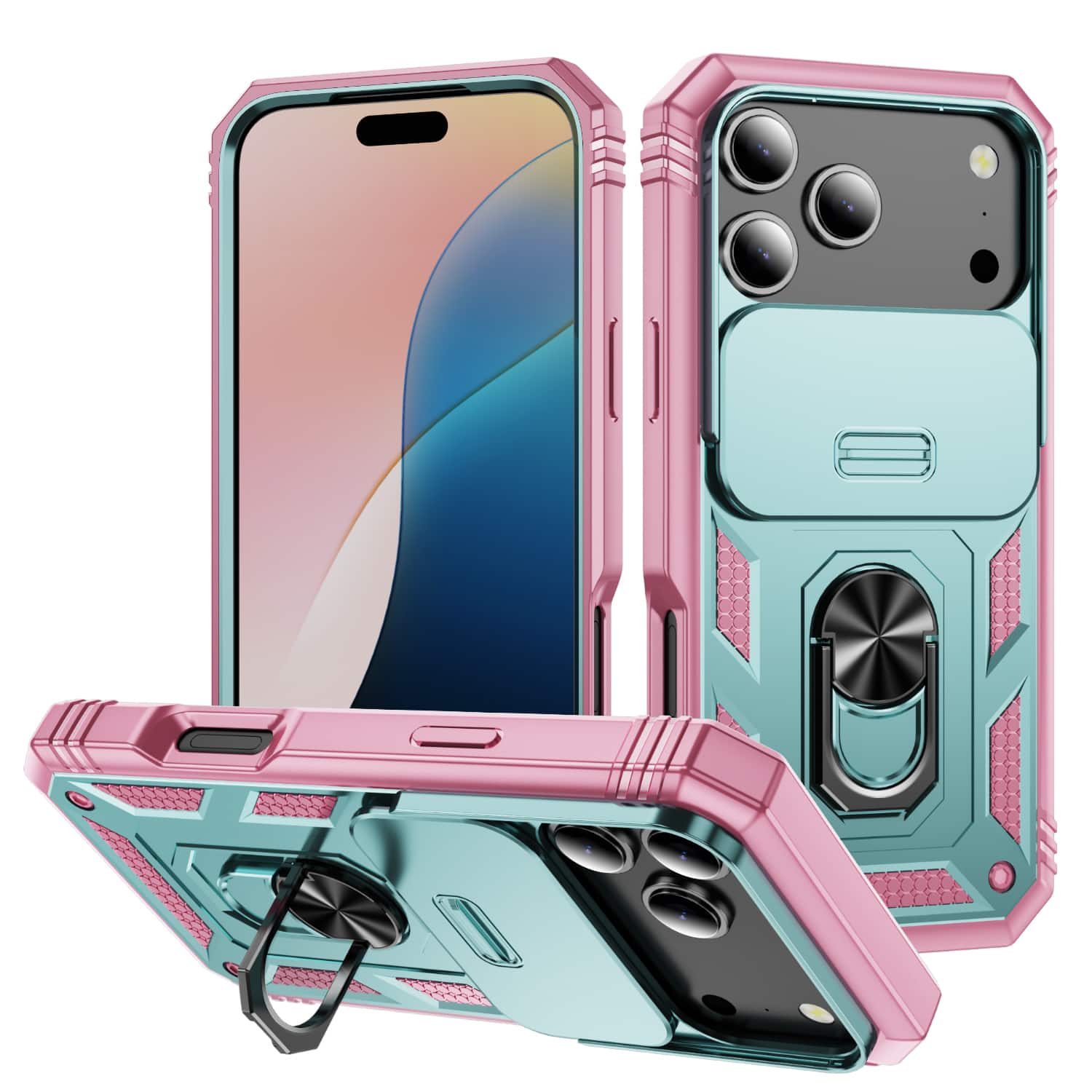 Dteck - Ring Kickstand Case For Apple iPhone 17 Pro with Slide Camera, Shockproof Magnetic PC TPU Rugged Cover - Green/Pink price history on PriceWatchPro