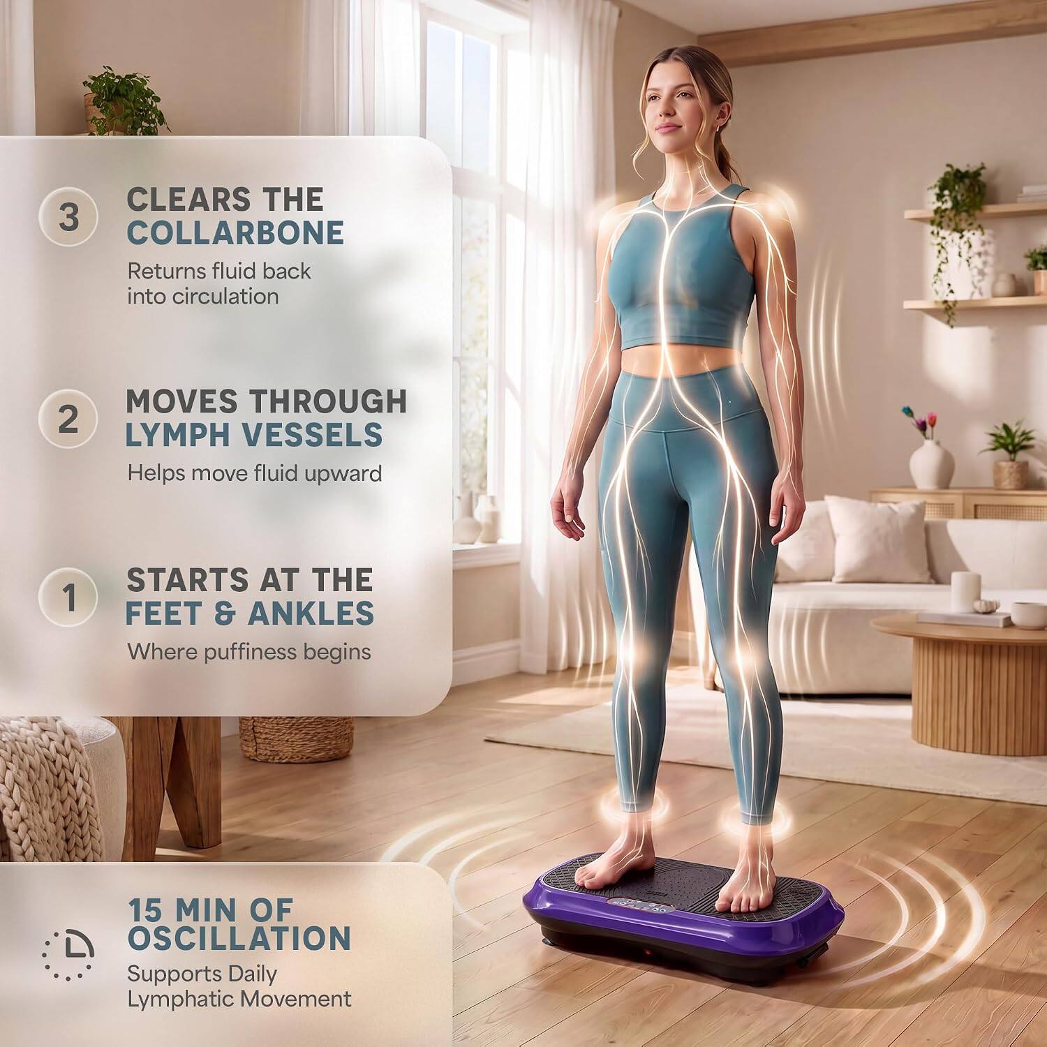 CLEARS THE COLLARBONE  
Returns fluid back into circulation

MOVES THROUGH LYMPH VESSELS  
Helps move fluid upward

STARTS AT THE FEET & ANKLES  
Where puffiness begins

15 MIN OF OSCILLATION  
Supports Daily Lymphatic Movement