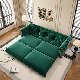 Anysun - 89" 3-in-1 Velvet Chesterfield Pull-Out Sofa Bed - King Size Sleeper, Movable Ottoman, Tufted Design - Green