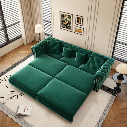 Front. Anysun - 89" 3-in-1 Velvet Chesterfield Pull-Out Sofa Bed - King Size Sleeper, Movable Ottoman, Tufted Design - Green.