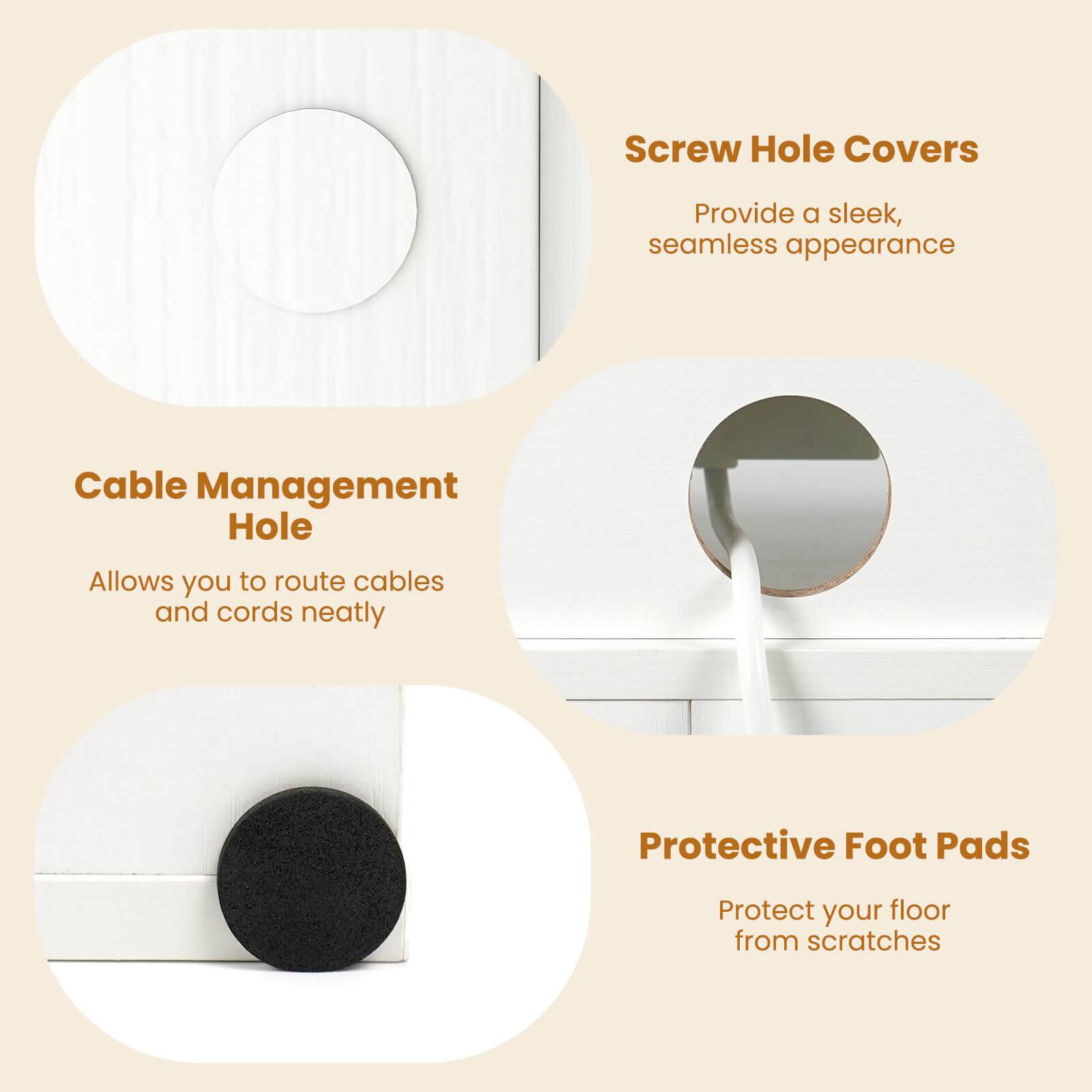 The text on the image is grouped as follows:

1. Screw Hole Covers: Provide a sleek, seamless appearance.
2. Cable Management Hole: Allows you to route cables and cords neatly.
3. Protective Foot Pads: Protect your floor from scratches.