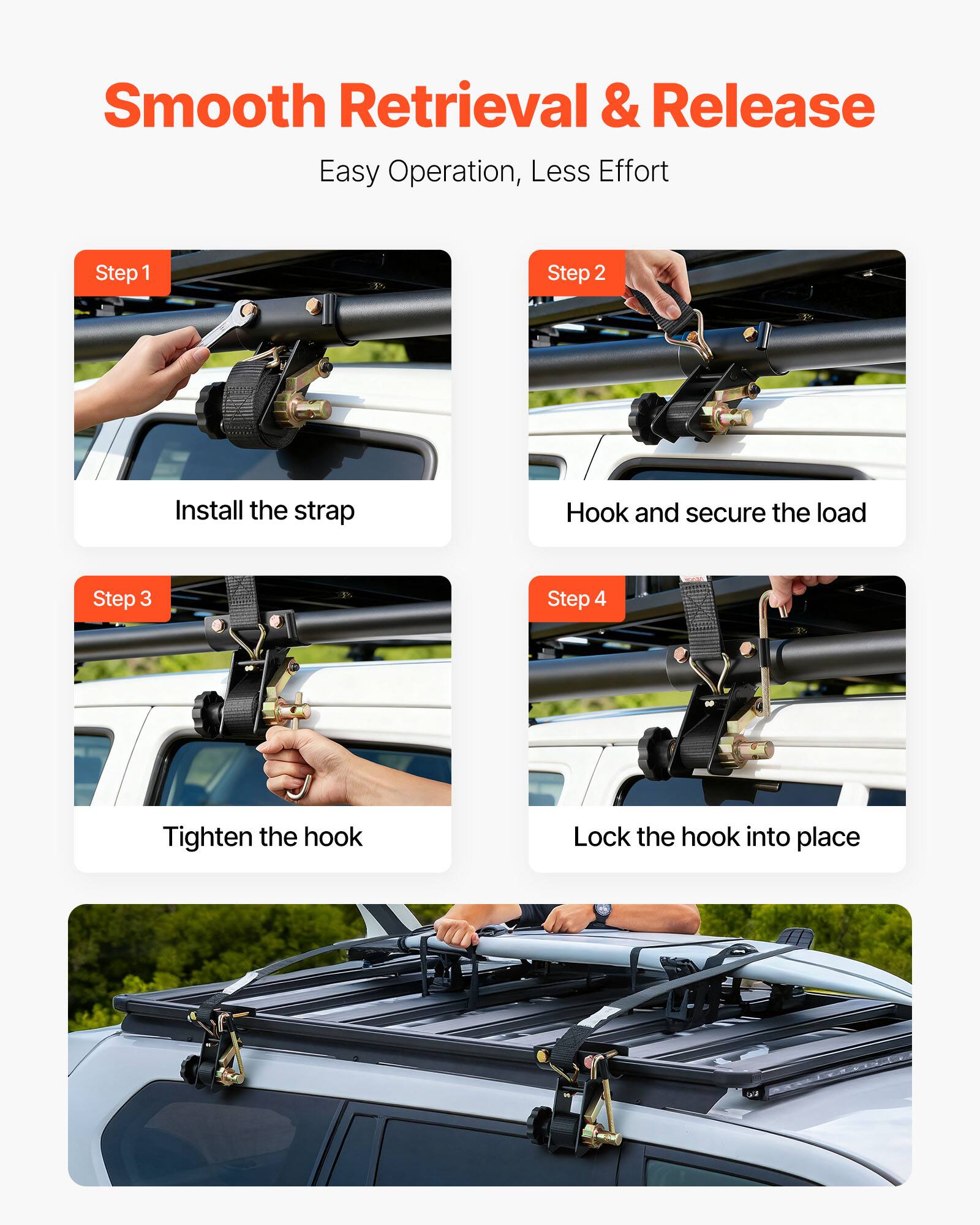 Smooth Retrieval & Release  
Easy Operation, Less Effort  

Step 1  
Install the strap  

Step 2  
Hook and secure the load  

Step 3  
Tighten the hook  

Step 4  
Lock the hook into place
