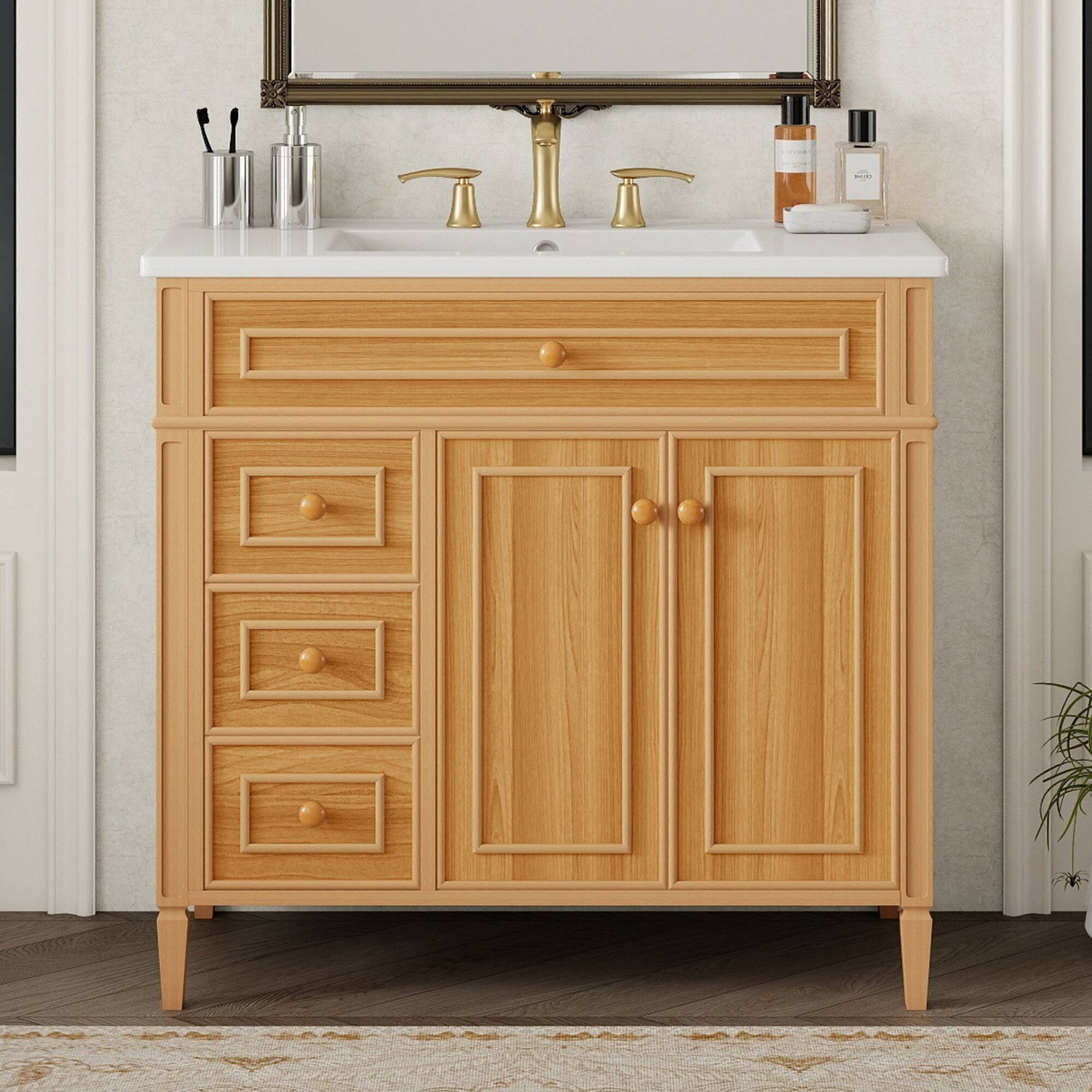 36 inch Bathroom Vanity with Sink Wood Vanity Cabinet with Flip Out Drawer 3 Drawers 2 Soft Close Doors