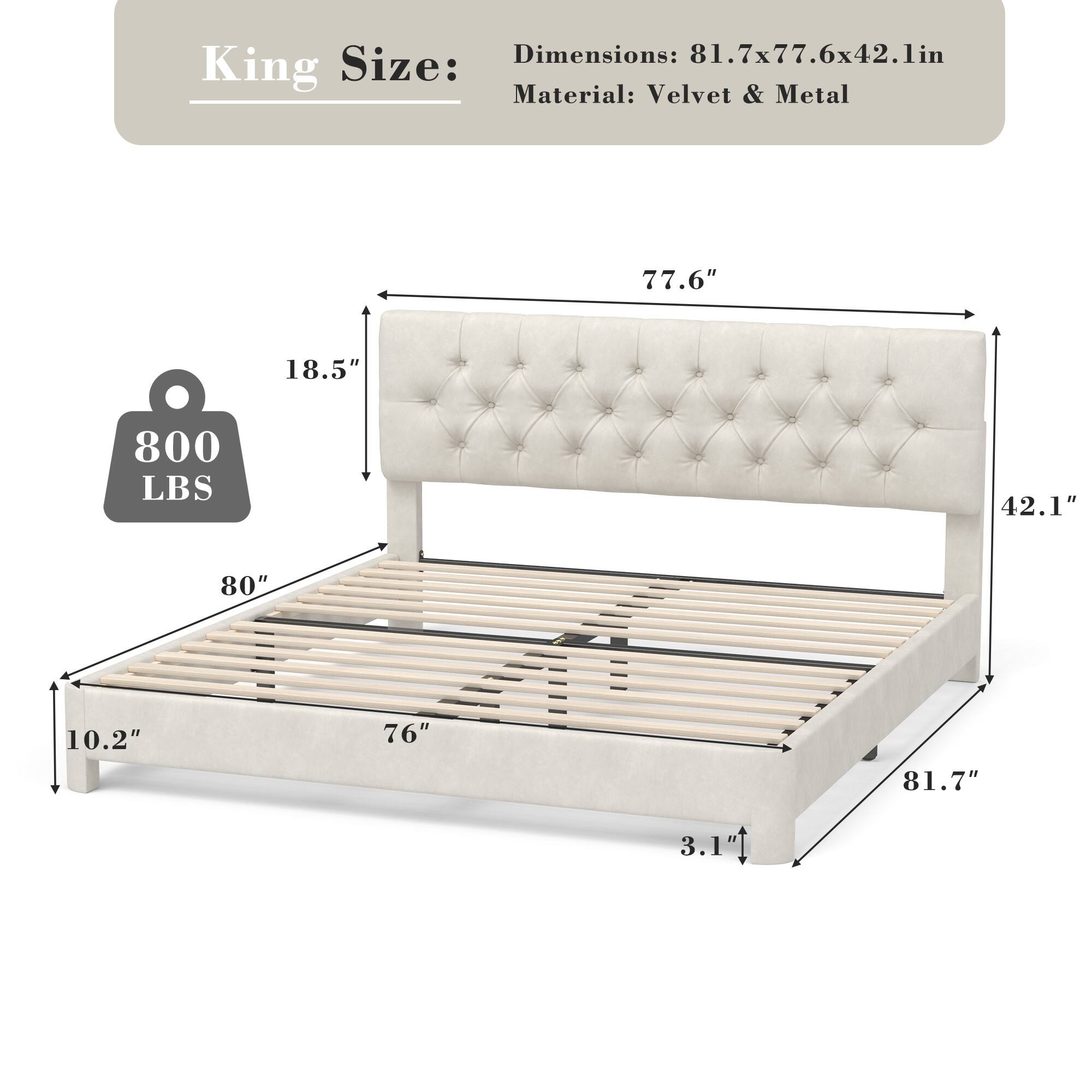 Size: King  
Dimensions: 81.7x77.6x42.1 in  
Material: Velvet & Metal  
Weight Capacity: 800 LBS
