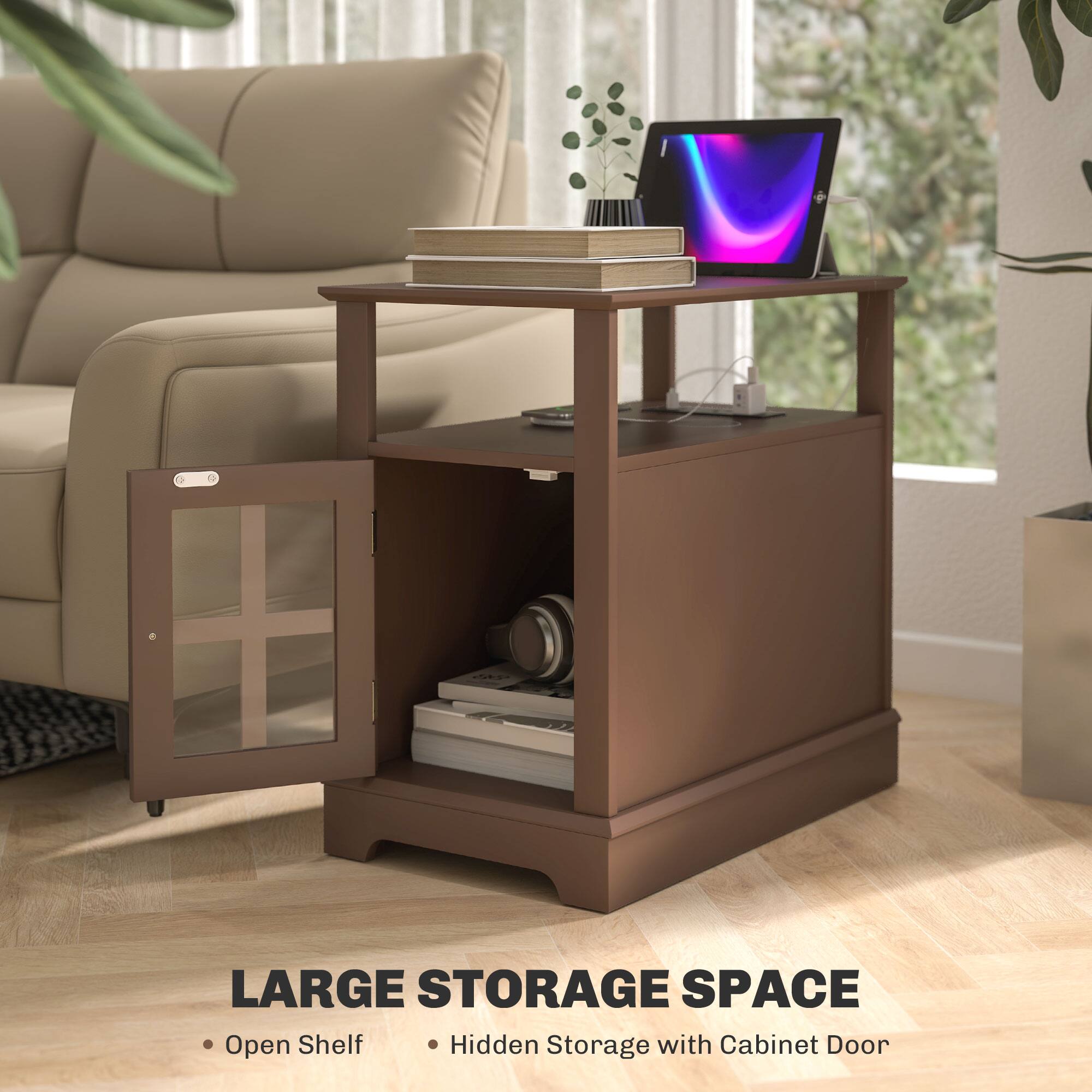 LARGE STORAGE SPACE
Open Shelf
Hidden Storage with Cabinet Door