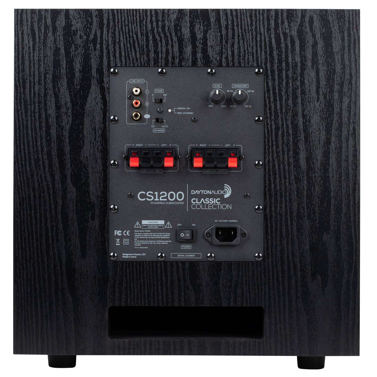 no NP.

PHASE &  
17% I  
CROSSOVER 80   I  
:  
GREEN ON  
OF  
.  

150 kc  
20  
80 STANDEY  
06 AUTO ON MODE  
. KBC  
OF!  
. RGHT  
LEFT  
HOT IDEL MUT  
OUTPLIT  
DAYTONAUDIO CS1200 POWERED SUBWOOFER CLASSIC COLLECTION  
CAUTION SHOCK  
CFP  
ON  
AB 100-240V~5089  
FC CE 3  
Side   TOTAL MMR - -  
N  
MA  
0 POWER  
Designed Clen HO Modelin China  
SERIAL NUMBER