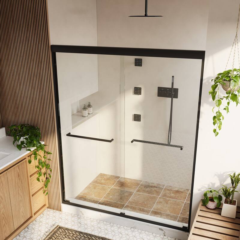 Left. WELLFOR - 56-60 in W x 72 in H Framed Shower Door with Double Sliding & Stainless Steel Towel Bar Handle, 1/4" Tempered Glass - Matte Black.