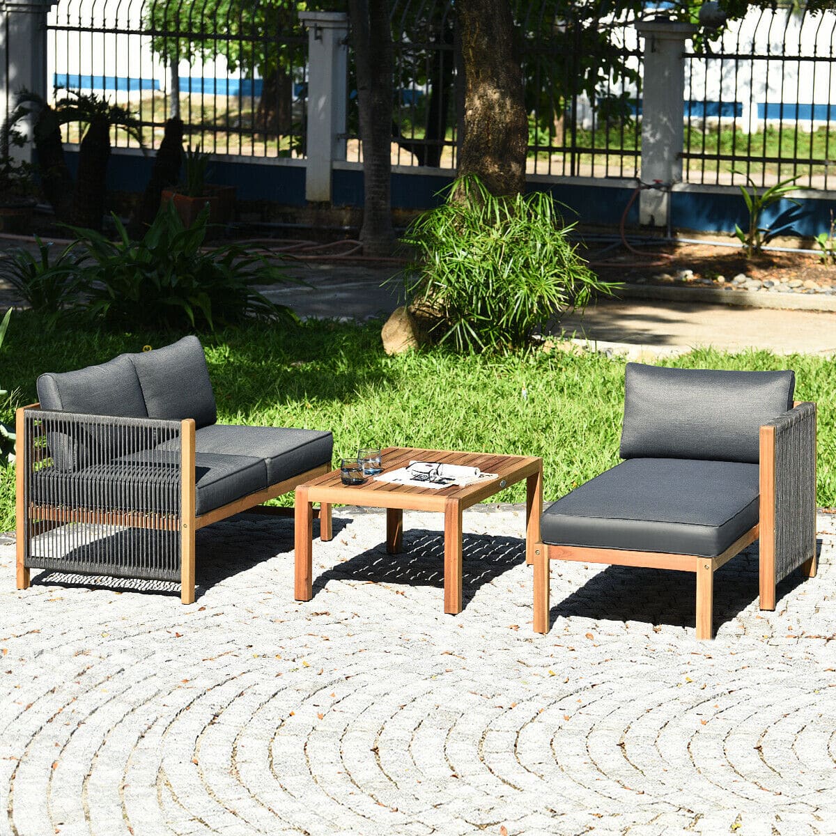 Gymax - 3PCS Patio Acacia Wood Sofa Furniture Set Thick Cushion W/Nylon Rope Armrest - teak and grey