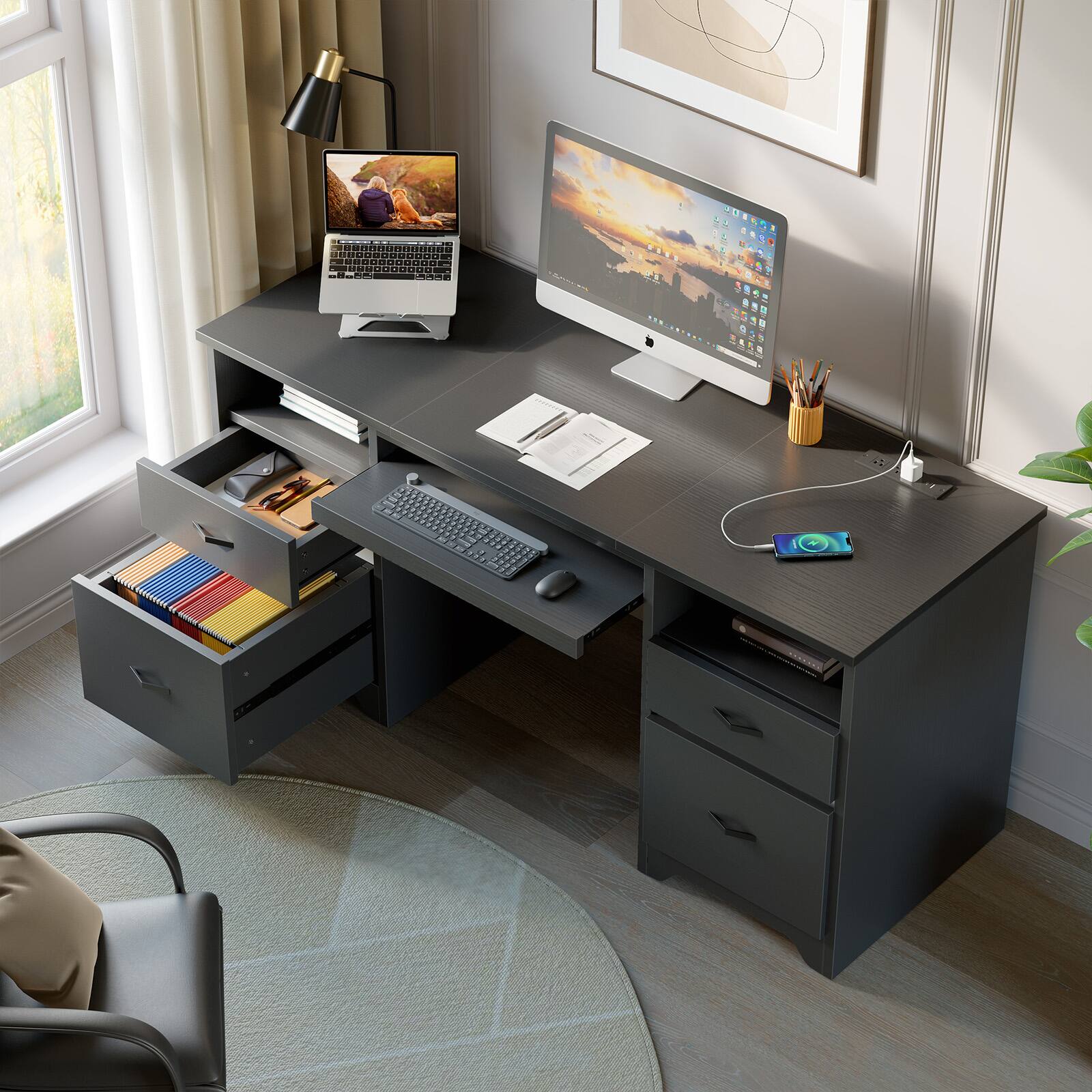 Alt View 1. Bestier - 59-inch Computer Desk with Charging Station, Fluted Storage Cabinet and Keyboard Tray - Black.