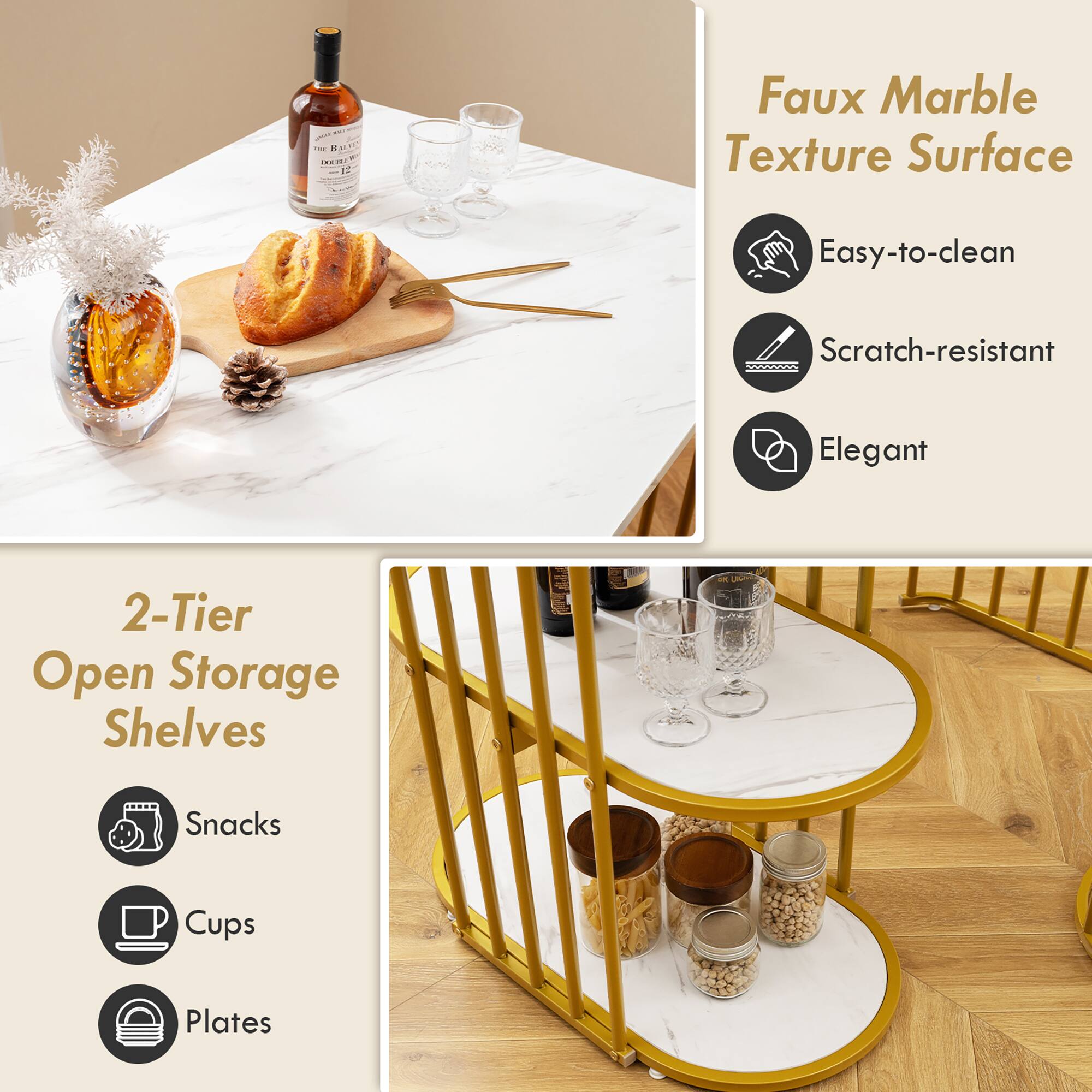 Faux Marble Texture Surface  
- Easy-to-clean  
- Scratch-resistant  
- Elegant  

2-Tier Open Storage Shelves  
- Snacks  
- Cups  
- Plates