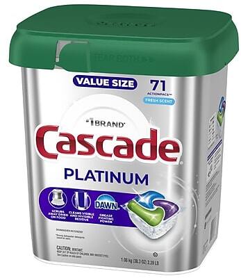 VALUE SIZE  
71 ACTIONPACS  
FRESH SCENT  

CASCADE PLATINUM  

DAWN  
CLEANS GLASS & SILVER  
CREATES A FRESH SCENT  
RESOLVES FOAM & CREASES  

CAUTION:  
KEEP OUT OF REACH OF CHILDREN  

1.08 kg (38 OZ) 2.39 LB