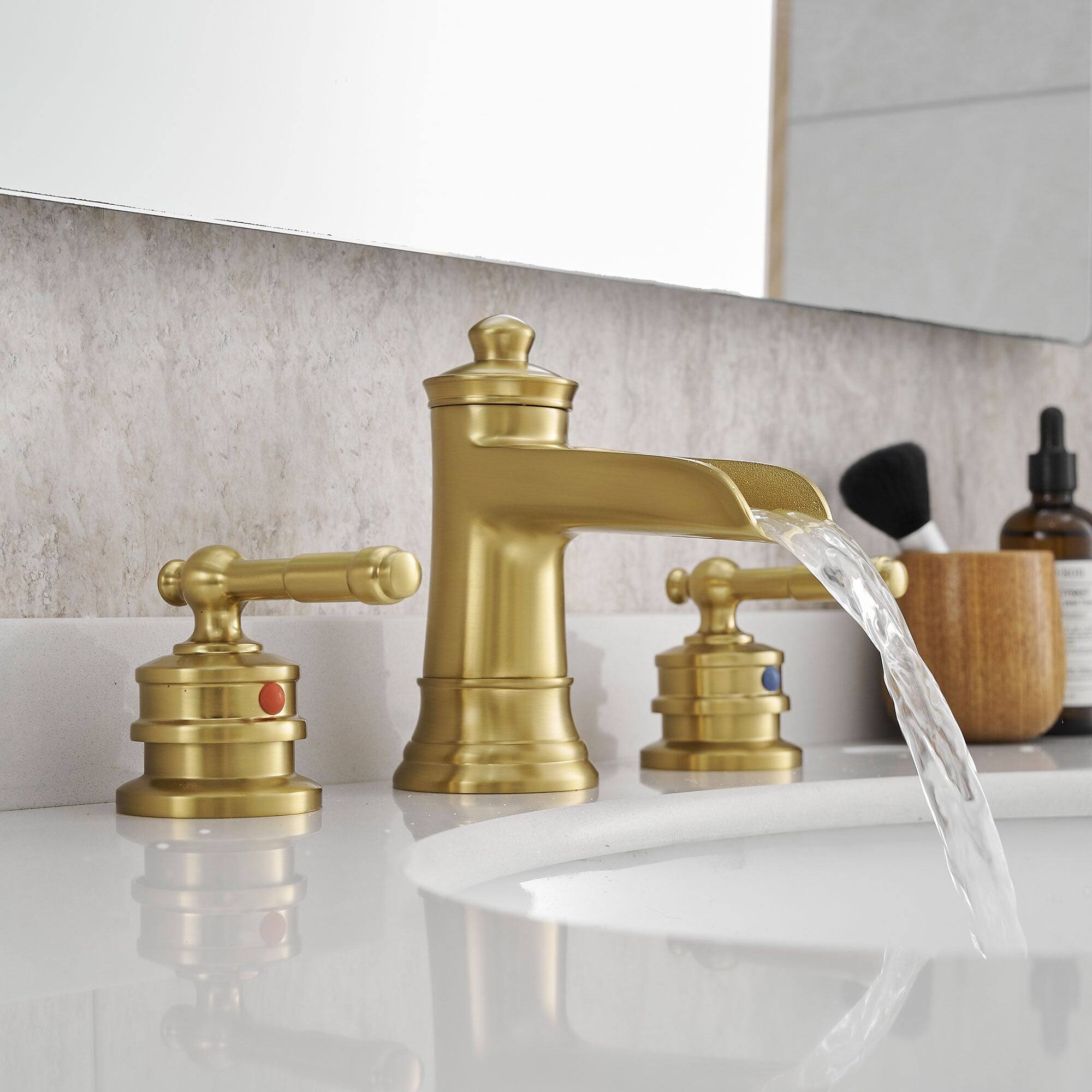 Alt View 10. Boyel Living - Classic 8 Inch Widespread Double Handle Brass Bathroom Faucet with Pop Up Drain and Water Supply Hoses in Brushed Gold - Brushed Gold.