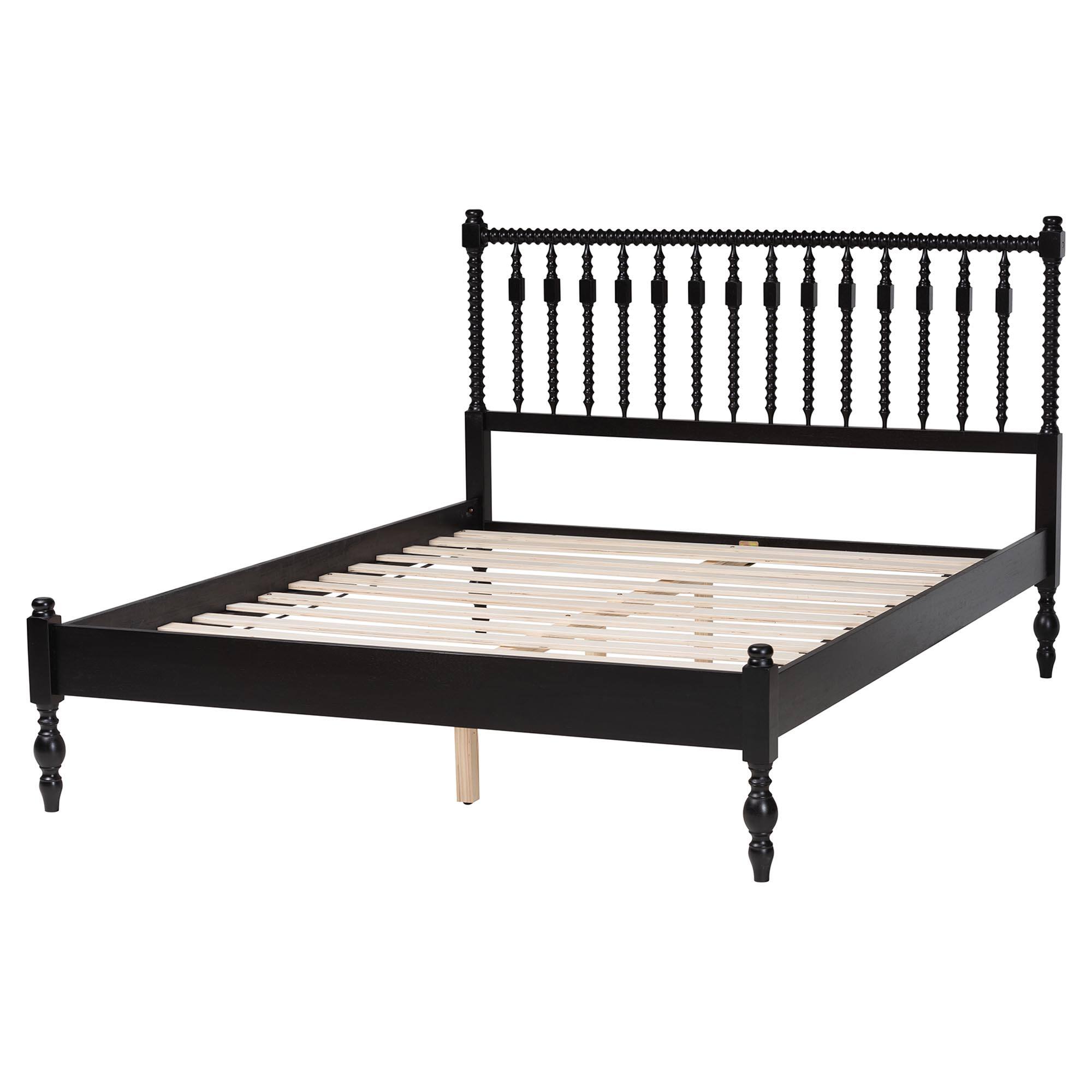 Left. Baxton Studio - Callison Spindle Platform Bed - Turned Farmhouse Bed Frame with Spoked Headboard and Sculpted Legs, Queen - Black.