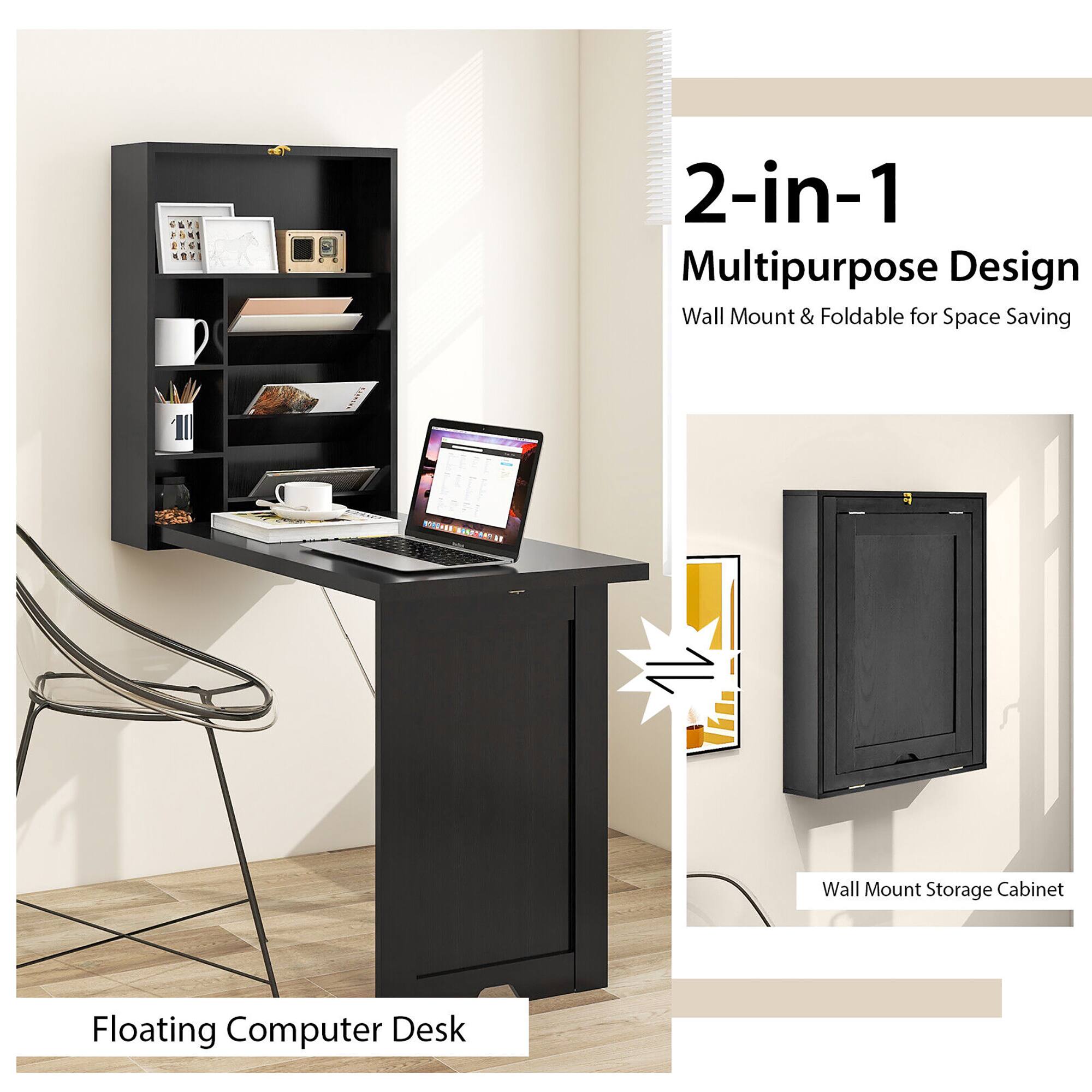 2-in-1 Multipurpose Design, Wall Mount & Foldable for Space Saving, Wall Mount Storage Cabinet, Floating Computer Desk