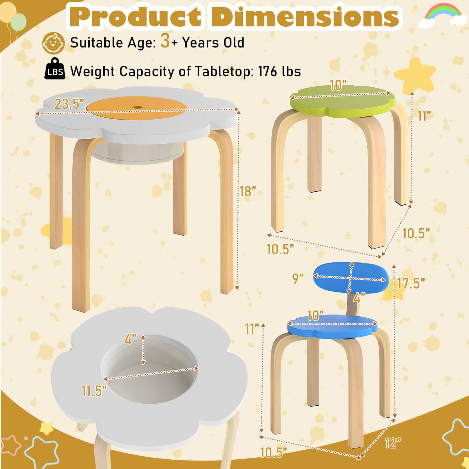 Product Dimensions  
Suitable Age: 3+ Years Old  
Weight Capacity of Tabletop: 176 lbs  

- 23.5"  
- 10"  
- 11"  
- 18"  
- 10.5"  
- 10.5"  
- 11.5"  
- 4"  
- 11"  
- 9"  
- 10"  
- 4"  
- 17.5"  
- 10.5"  
- 12"