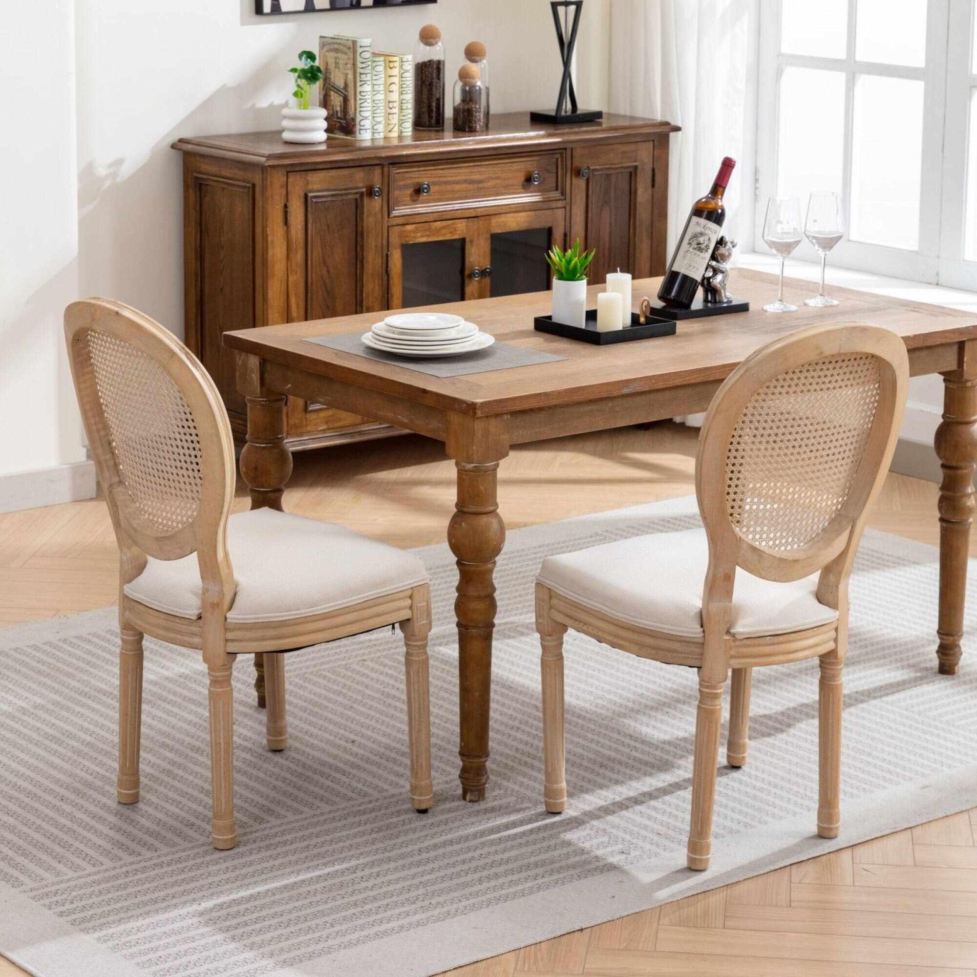 Alt View 8. GOODSILO - French Style Solid Wood Dining Chairs with Linen Upholstery and Rattan Backrest, Set of 2 - Beige.