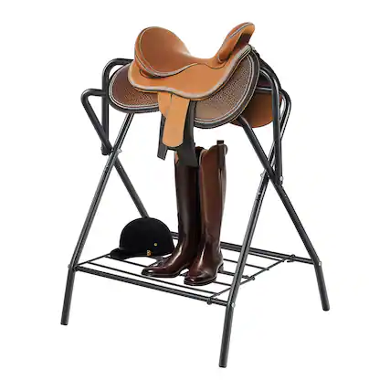 Front. VEVOR - Folding Saddle Rack, 28 x 19 x 37.5 in, Freestanding Horse Saddle Stand, Portable Horse Blanket Holder - Matte Black.
