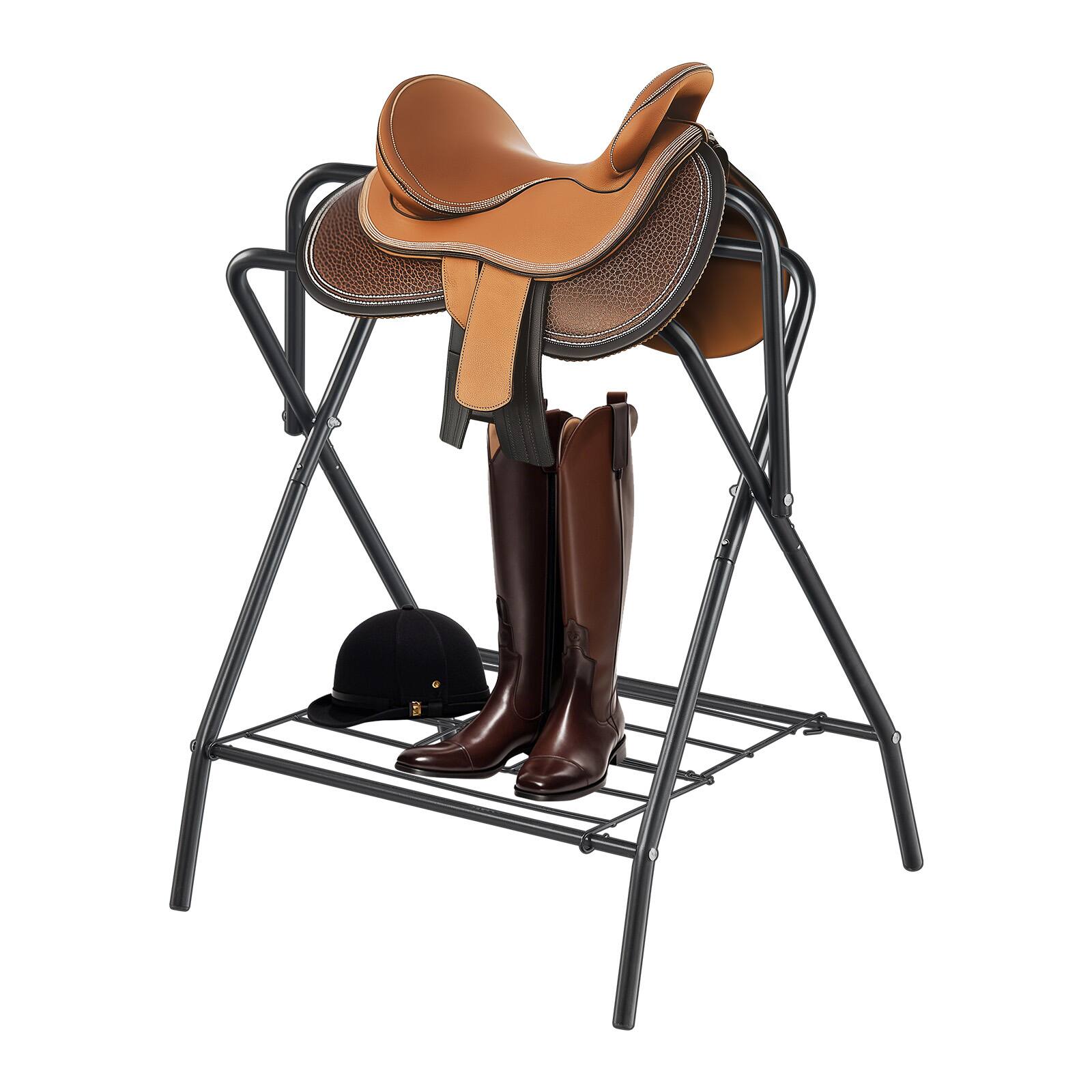 Front. VEVOR - Folding Saddle Rack, 28 x 19 x 37.5 in, Freestanding Horse Saddle Stand, Portable Horse Blanket Holder - Matte Black.