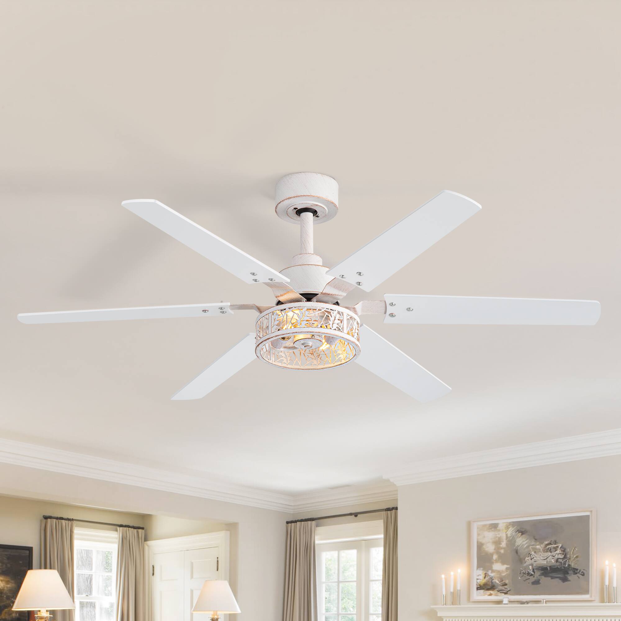 Back. Breezary - 46-In Indoor 2-Pack Ceiling Fan with 6 Plywood Blades, DC Motor, 6-Speed Remote, Timer with Memory Function - Distressed White and Gold.