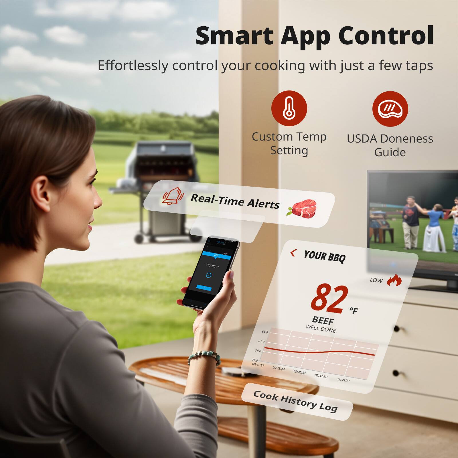 Smart App Control  
Effortlessly control your cooking with just a few taps

- Custom Temp Setting
- USDA Doneness Guide
- Real-Time Alerts

YOUR BBQ  
82 °F  
BEEF WELL DONE  
LOW F.

Cook History Log