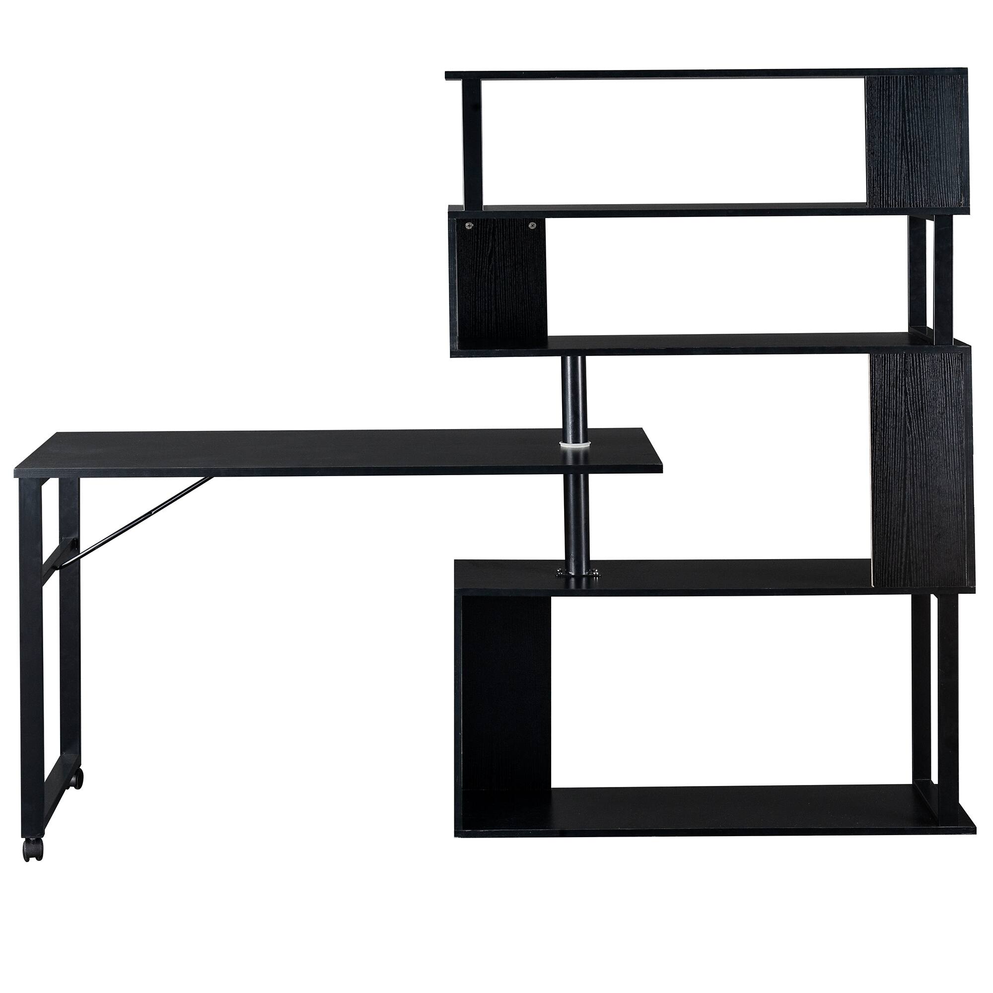 Front. Glintex - Home Office Computer Desk L-Shaped Corner Table, Rotating Computer Table with 5-Tier Bookshelf, Lockable Casters - Black.