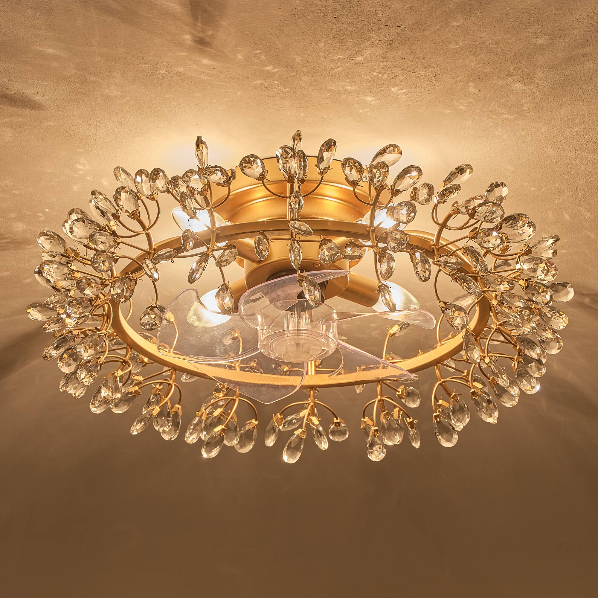 Alt View 8. Parrot Uncle - 23" Modern 4-Light Crystal Low-Profile Flush Mount Ceiling Fan with Remote - Gold.