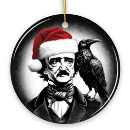 OrnamentallyYou - Gothic Edgar Allan Poe with Santa Hat And Raven Ornament Halloween Tree Christmas Dcor Circle - Multi-colored