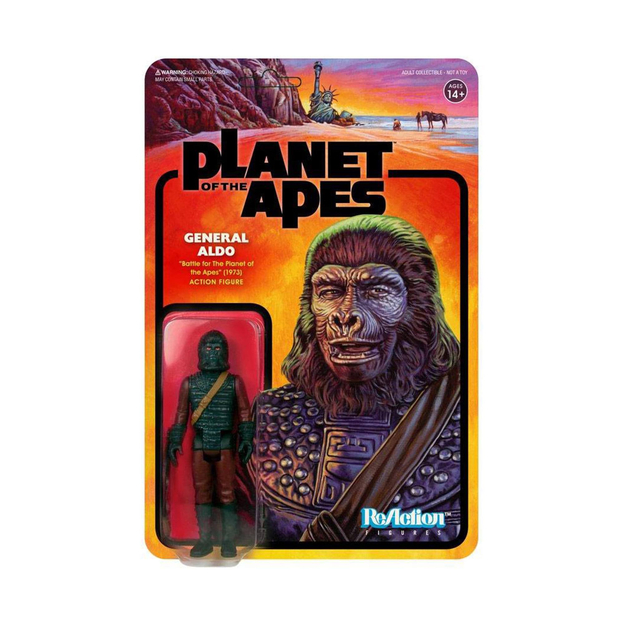 A WARNING: CHOKING HAZARD - SMALL PARTS. NOT FOR CHILDREN UNDER 3 YEARS.  
PLANET OF THE APES  
GENERAL ALDO  
"Battle for the Planet of the Apes" (1973)  
ACTION FIGURE  
ReAction 21R021  
ADULT COLLECTIBLE - NOT A TOY  
AGES 14+