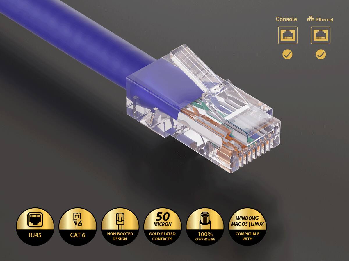 Console  
Ethernet  
RJ45  
CAT 6  
NON-BOOTED DESIGN  
50 MICRON GOLD-PLATED CONTACTS  
100% COPPER WIRE  
WINDOWS MAC OS | LINUX COMPATIBLE WITH