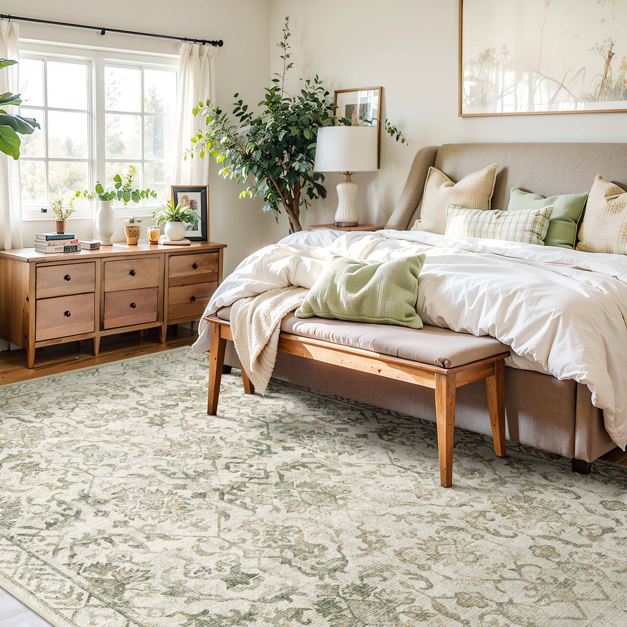 Left. Fabibe - 5X7 BEIGE GREEN Traditional Farmhouse Floral Non-Shedding Indoor VINTAGE LIVING ROOM AREA FOR DINING ROOM, WASHABLE - Beige Green 2'x6'.