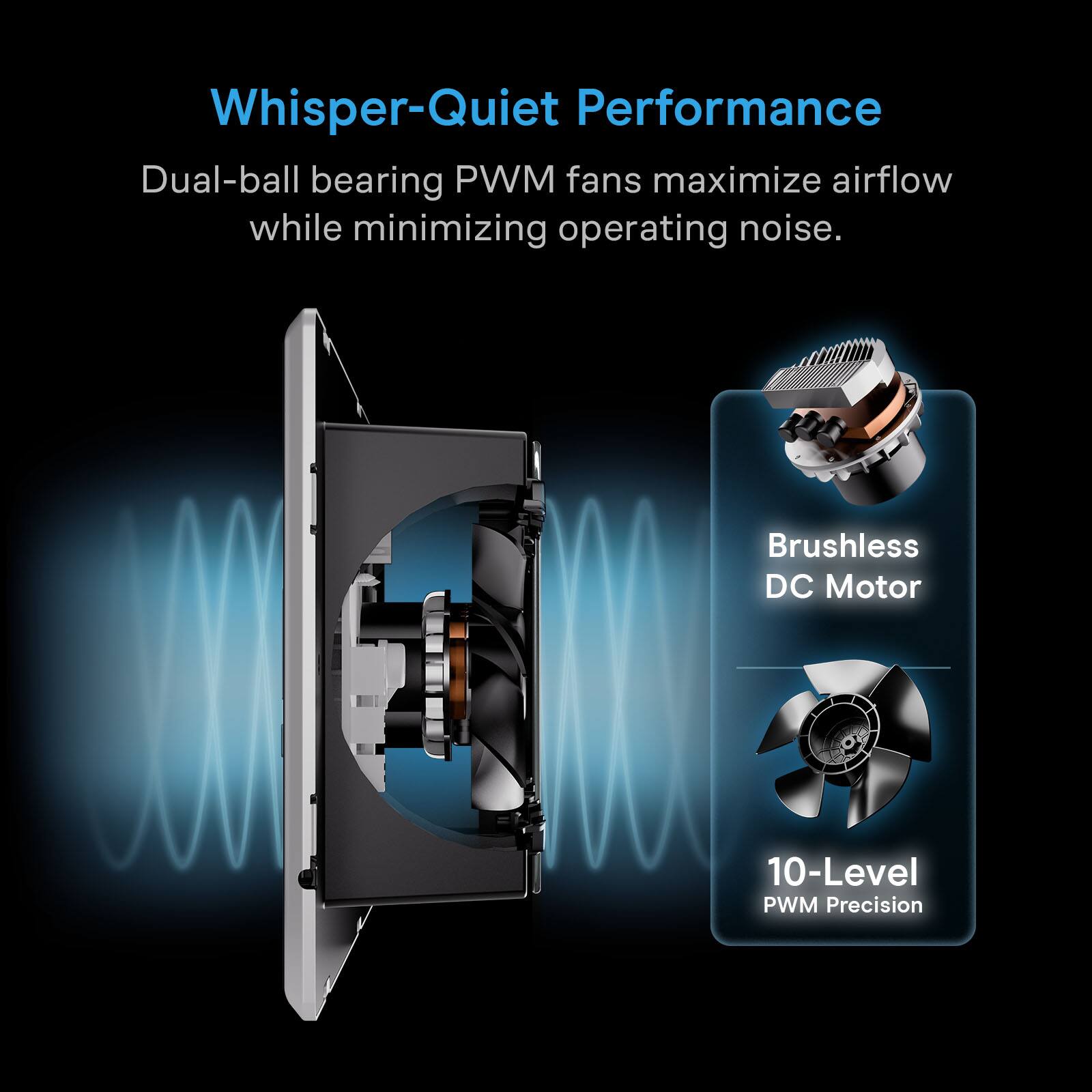 Whisper-Quiet Performance  
Dual-ball bearing PWM fans maximize airflow while minimizing operating noise.  
Brushless DC Motor  
10-Level PWM Precision