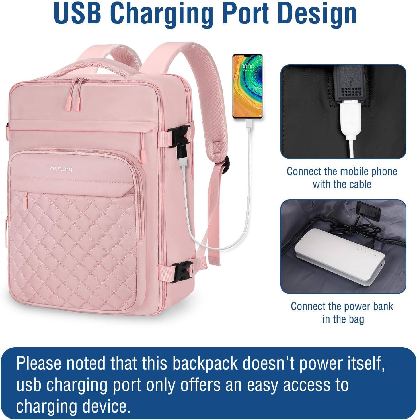 USB Charging Port Design

Connect the mobile phone with the cable

Connect the power bank in the bag

Please noted that this backpack doesn't power itself, usb charging port only offers an easy access to charging device.