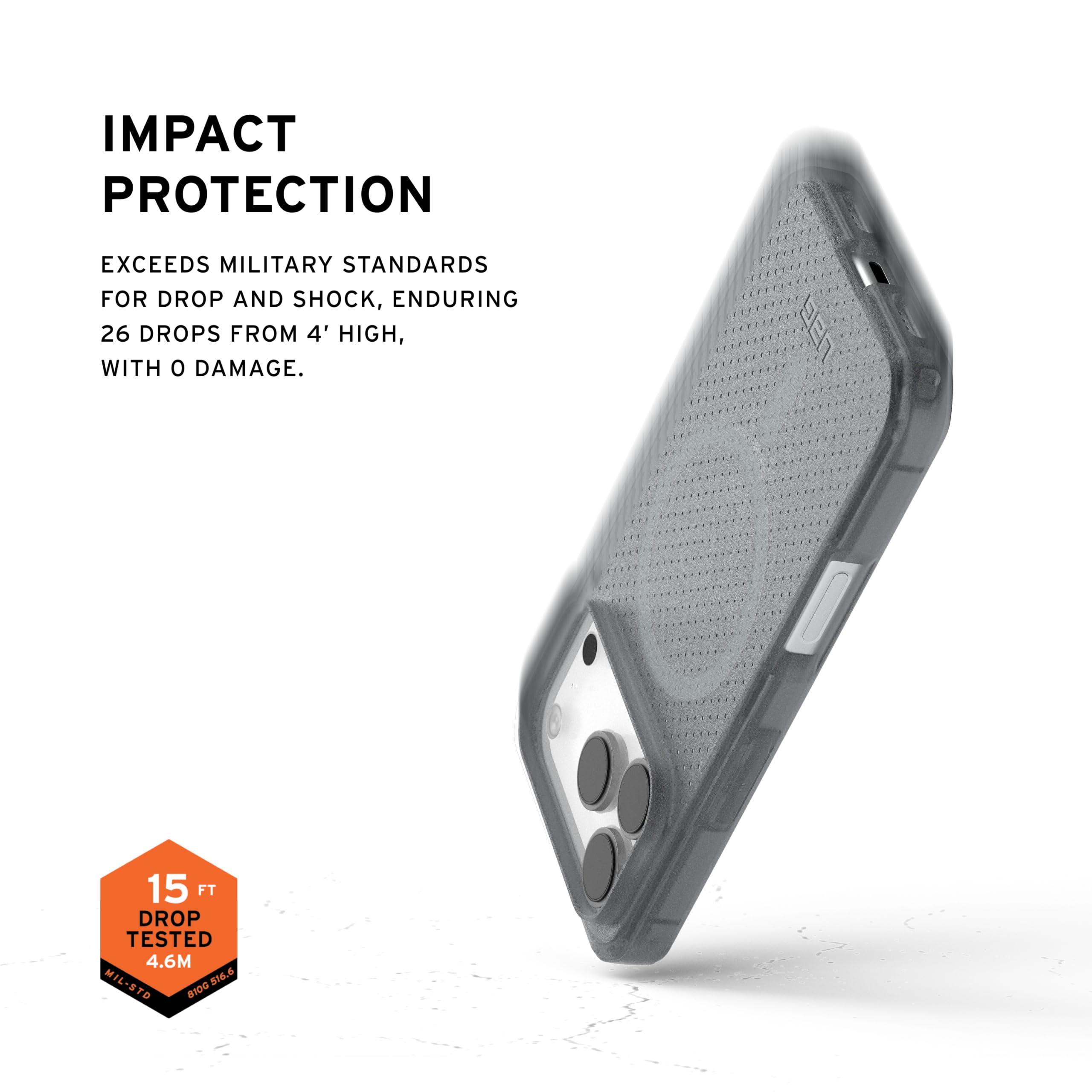 IMPACT PROTECTION

EXCEEDS MILITARY STANDARDS FOR DROP AND SHOCK, ENDURING 26 DROPS FROM 4' HIGH, WITH 0 DAMAGE.

15 FT DROP TESTED 4.6M - MIL-STD 810G