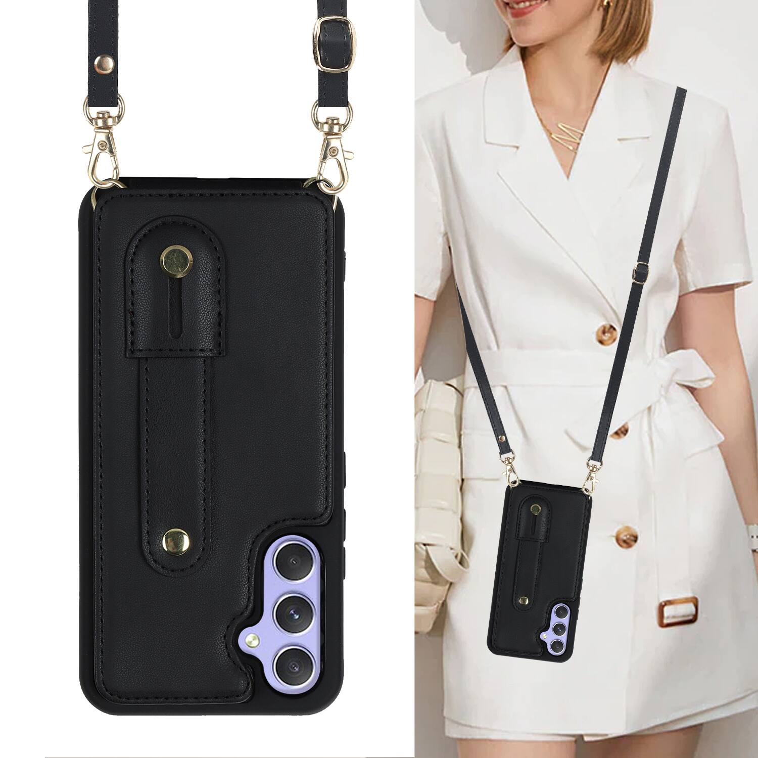 Back. Dteck - Crossbody Wallet Case for Samsung Galaxy S25+,Shockproof Protective Cover with Wrist Strap and Kickstand - Black.