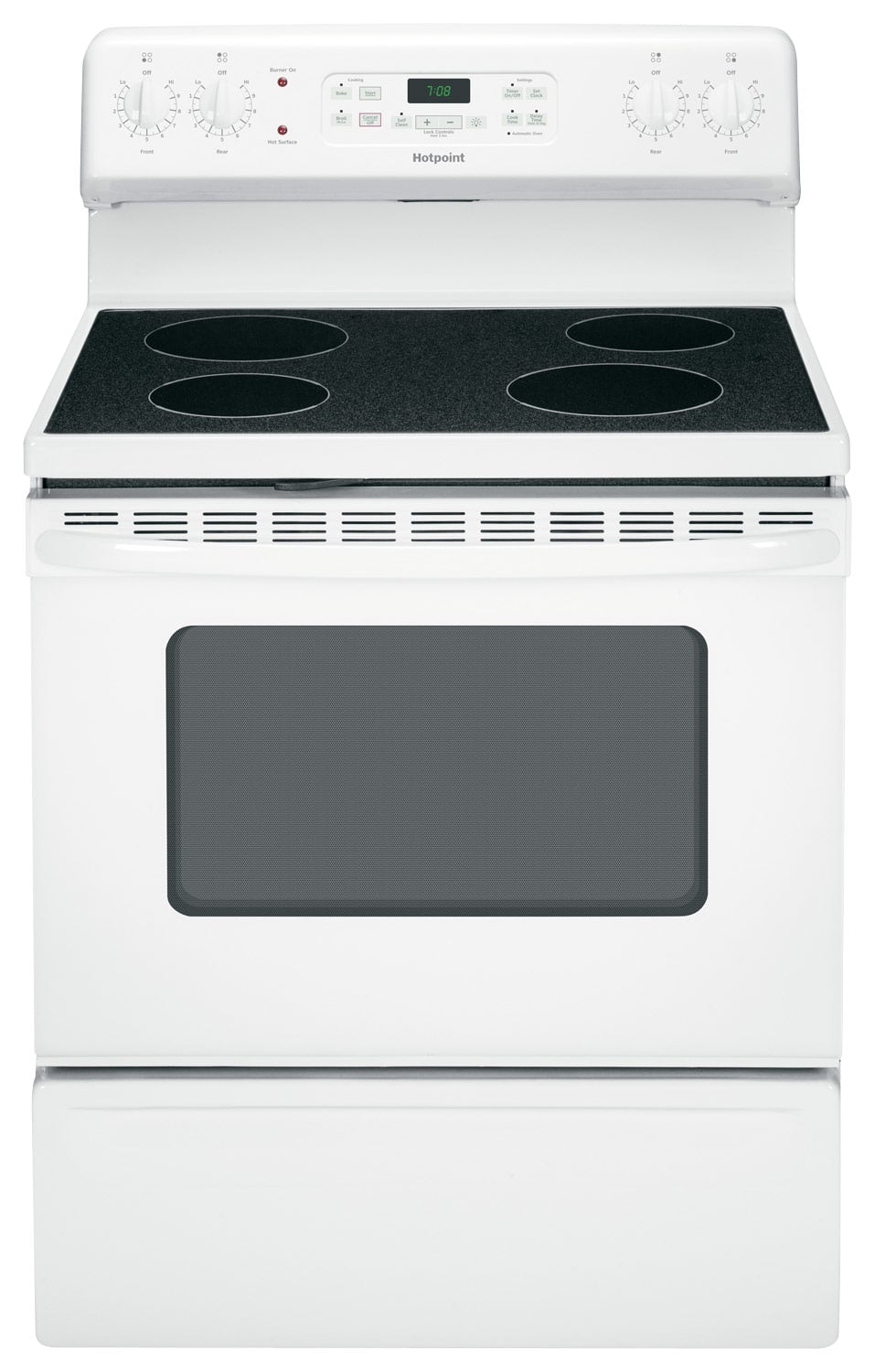 Front. Hotpoint - 30" Self-Cleaning Freestanding Electric Range - White on white.