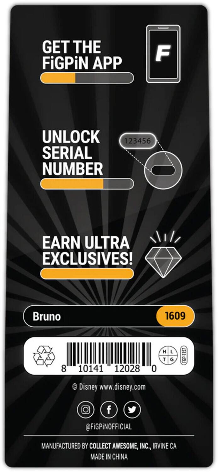 Here is the corrected and grouped text from the image:

---

**GET THE FiGPiN APP**

**UNLOCK SERIAL NUMBER 123456**

**EARN ULTRA EXCLUSIVES!**

---

**Bruno**

**1609**

**8 10141 12028 0**

**H T L G**

**FGP-1157**

---

**Disney**

**www.disney.com**

**@FiGPiNOFFICIAL**

---

**MANUFACTURED BY COLLECT AWESOME, INC., IRVINE CA**

**MADE IN CHINA**