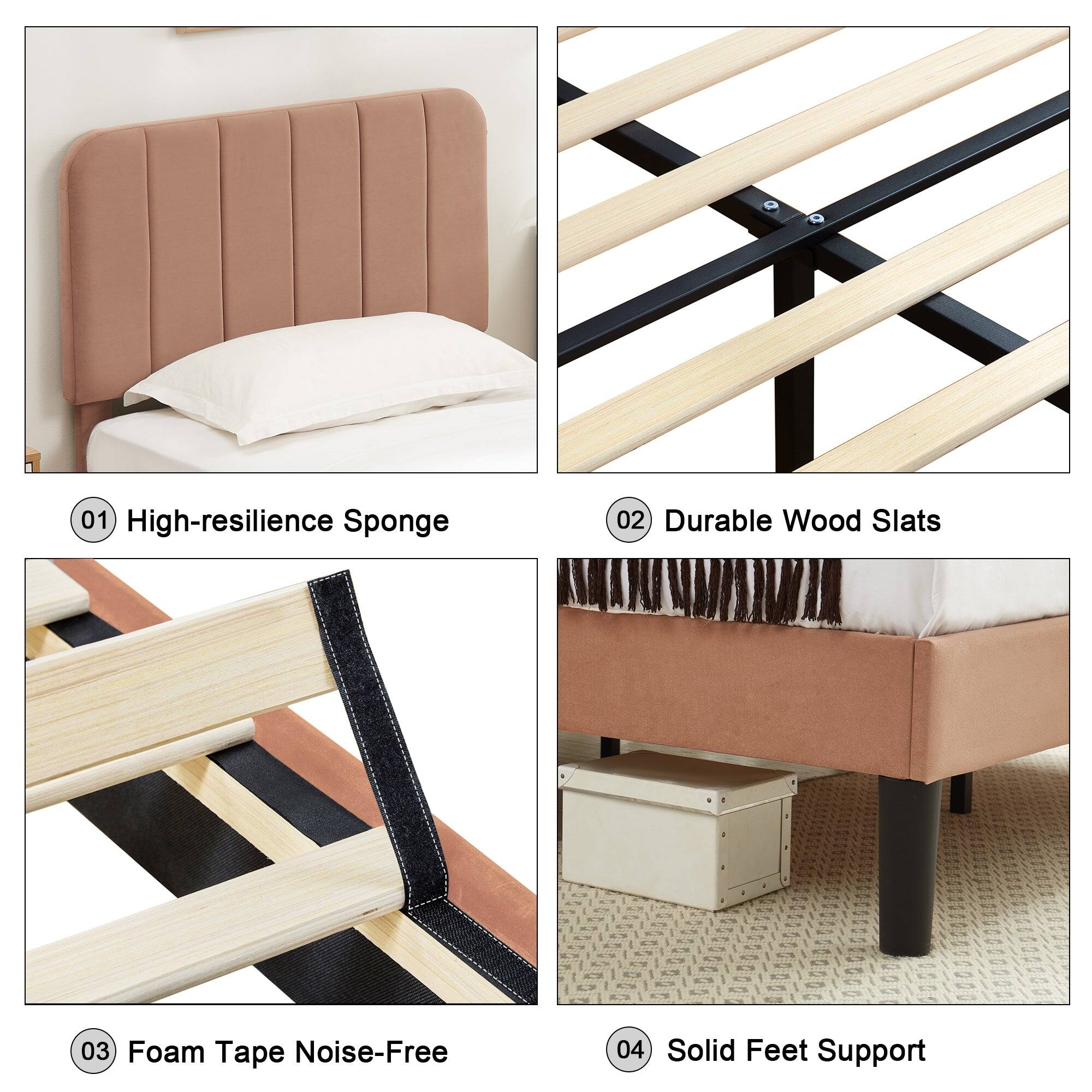 01 High-resilience Sponge  
02 Durable Wood Slats  
03 Foam Tape Noise-Free  
04 Solid Feet Support