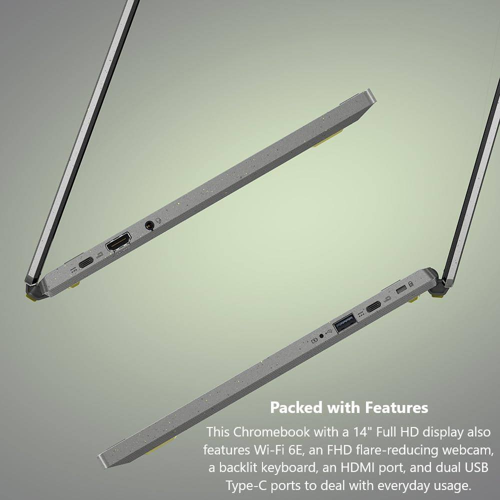 Packed with Features

This Chromebook with a 14" Full HD display also features Wi-Fi 6E, an FHD flare-reducing webcam, a backlit keyboard, an HDMI port, and dual USB Type-C ports to deal with everyday usage.