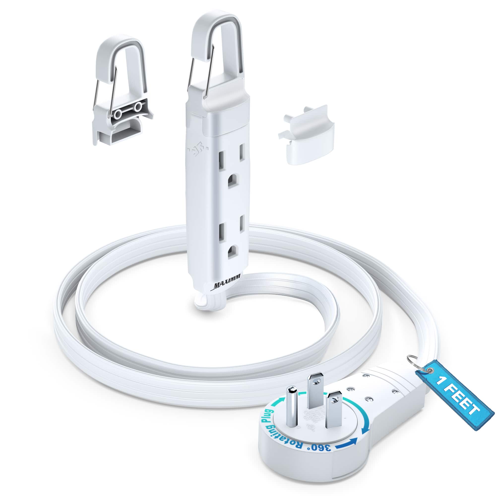 Maximm - 360° Rotating Flat Plug Extension Cord with a Removable Hook, Extension Cord 1 ft (16 Gauge) UL Certified - White
