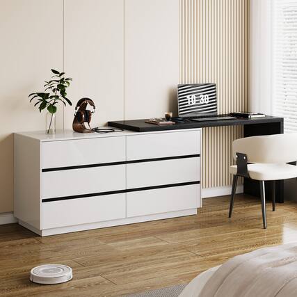 Front. luck idea - Modern Extendable Desk with 6-Drawer Storage, Reversible Left/Right Setup, Writing Desk for Home Office or Bedroom - Black.