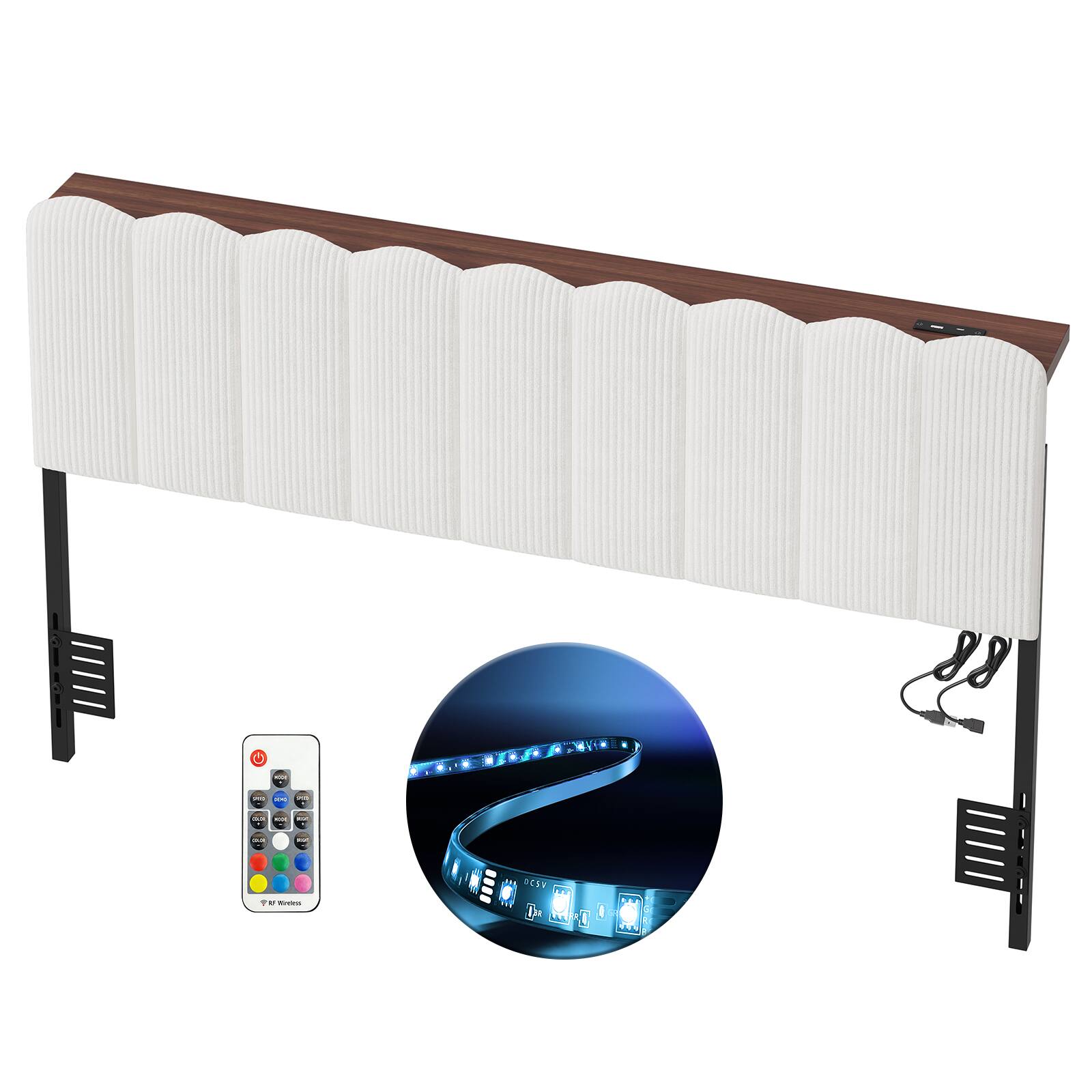 Alt View 5. Pinmoco - Metal Upholstered Headboard Height Adjustable Headboard with LED Light, Charging Station - Off-White.