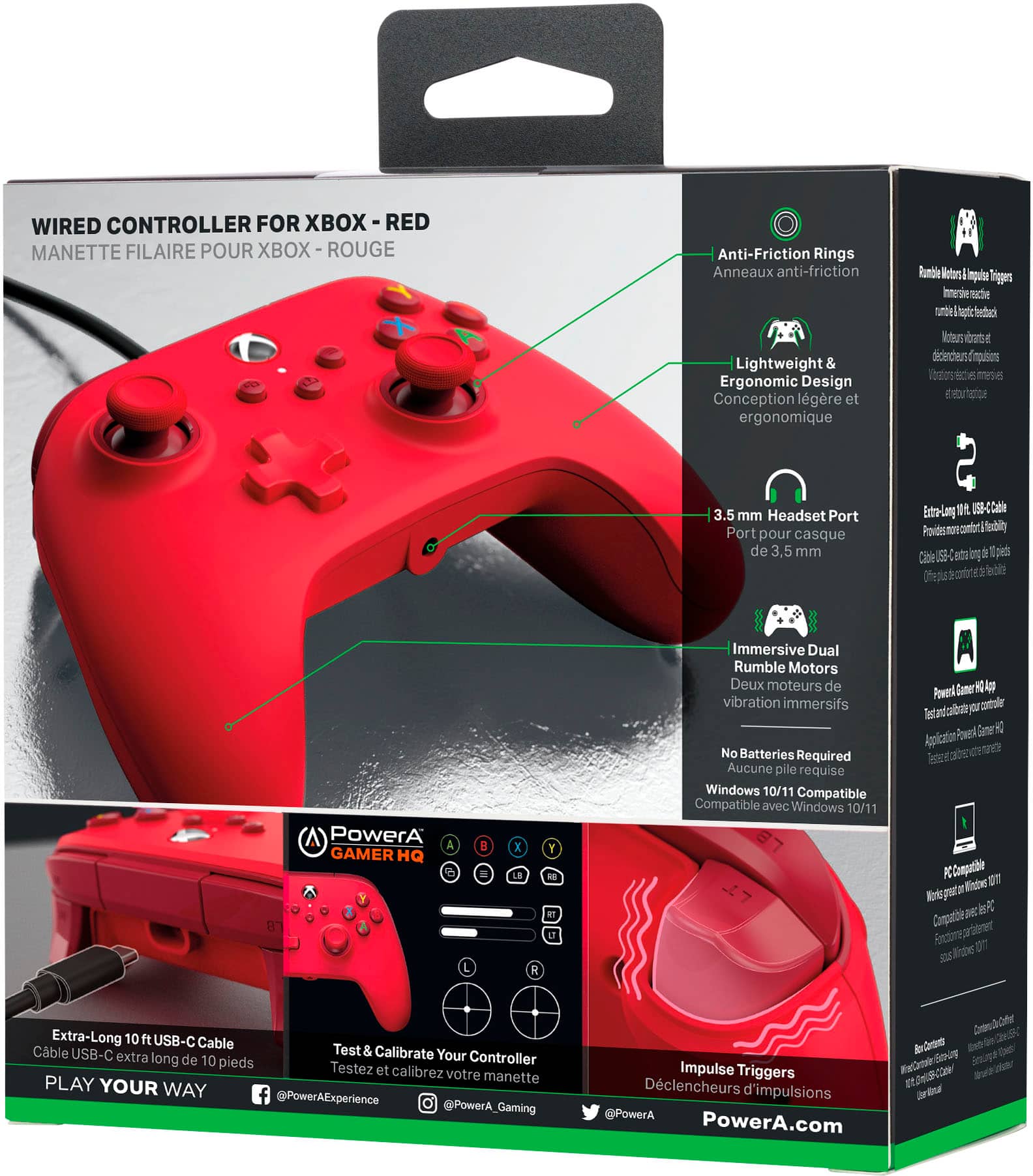 The text on the image is in French, so I cannot provide a corrected version in English. However, I can provide a general description of the content in the image.
The image features a red wired controller for Xbox, which is designed for use with the Xbox One gaming console. The controller is shown in its box, and it is described as having a lightweight and ergonomic design. The box also includes a 3.5 mm headset port, which allows for the use of headphones or a headset with the controller. Additionally, the controller has extra-long USB-C cables, which can be used for charging or connecting to a computer.