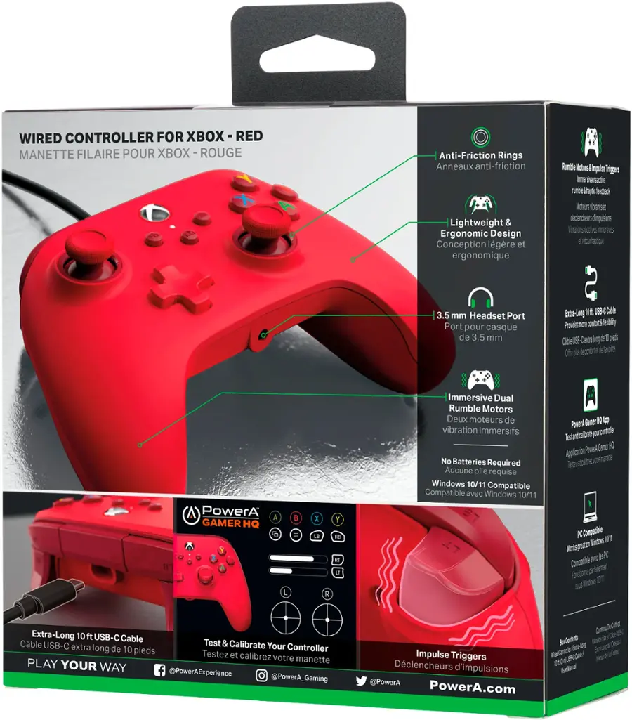 The text on the image is in French, so I cannot provide a corrected version in English. However, I can provide a general description of the content in the image.

The image features a red wired controller for Xbox, which is designed for use with the Xbox One gaming console. The controller is shown in its box, and it is described as having a lightweight and ergonomic design. The box also includes a 3.5 mm headset port, which allows for the use of headphones or a headset with the controller. Additionally, the controller has extra-long USB-C cables, which can be used for charging or connecting to a computer.